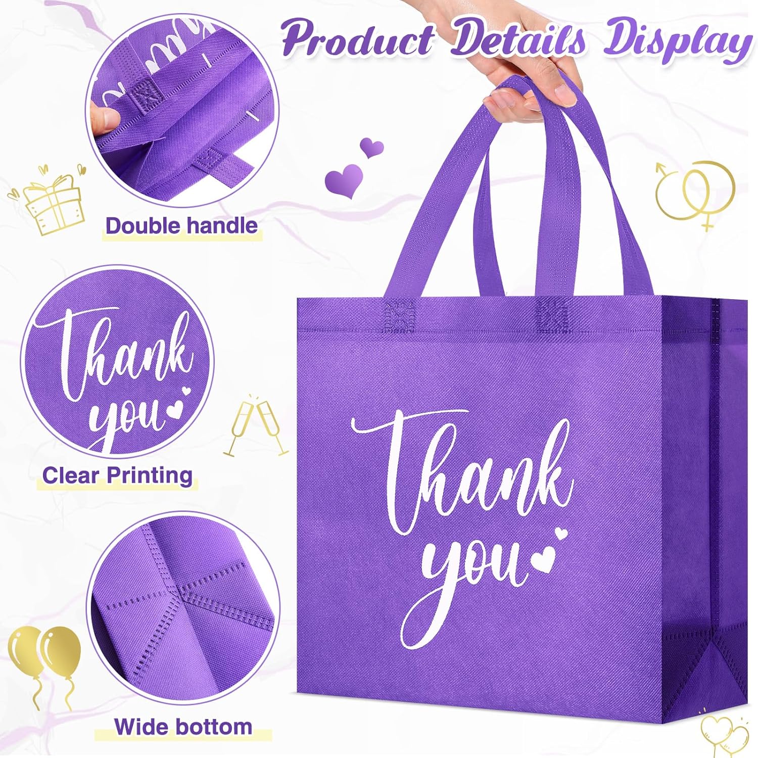 Sweetude 30 Pcs Valentine's Day Thank You Gift Bags with Handles Bulk Reusable Goodie Bag Non Woven Foldable Bag for Graduation Wedding Bridesmaid Gifts(11 x 12 x 5 Inch,Black)
