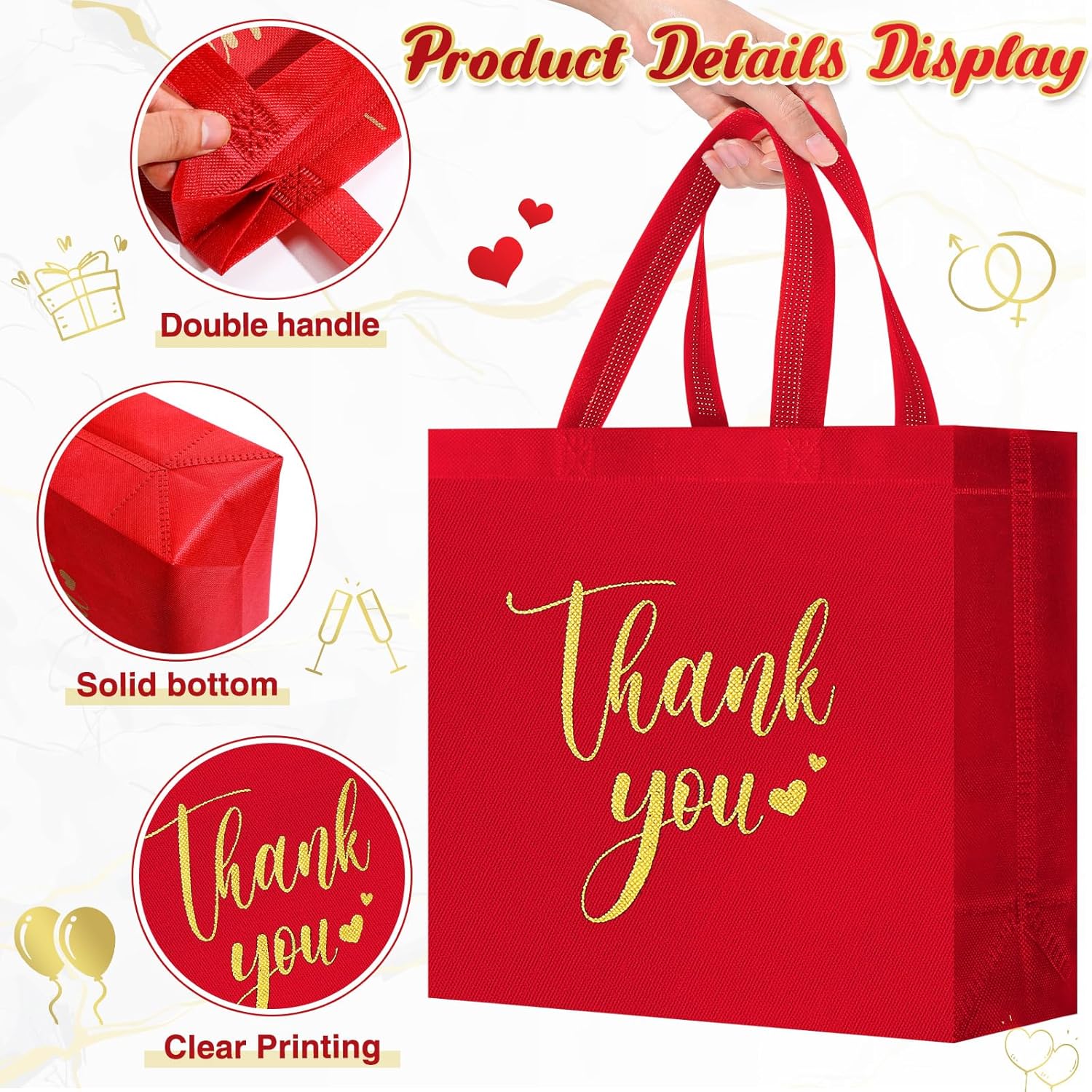 Sweetude 30 Pcs Valentine's Day Thank You Gift Bags with Handles Bulk Reusable Goodie Bag Non Woven Foldable Bag for Graduation Wedding Bridesmaid Gifts(11 x 12 x 5 Inch,Black)