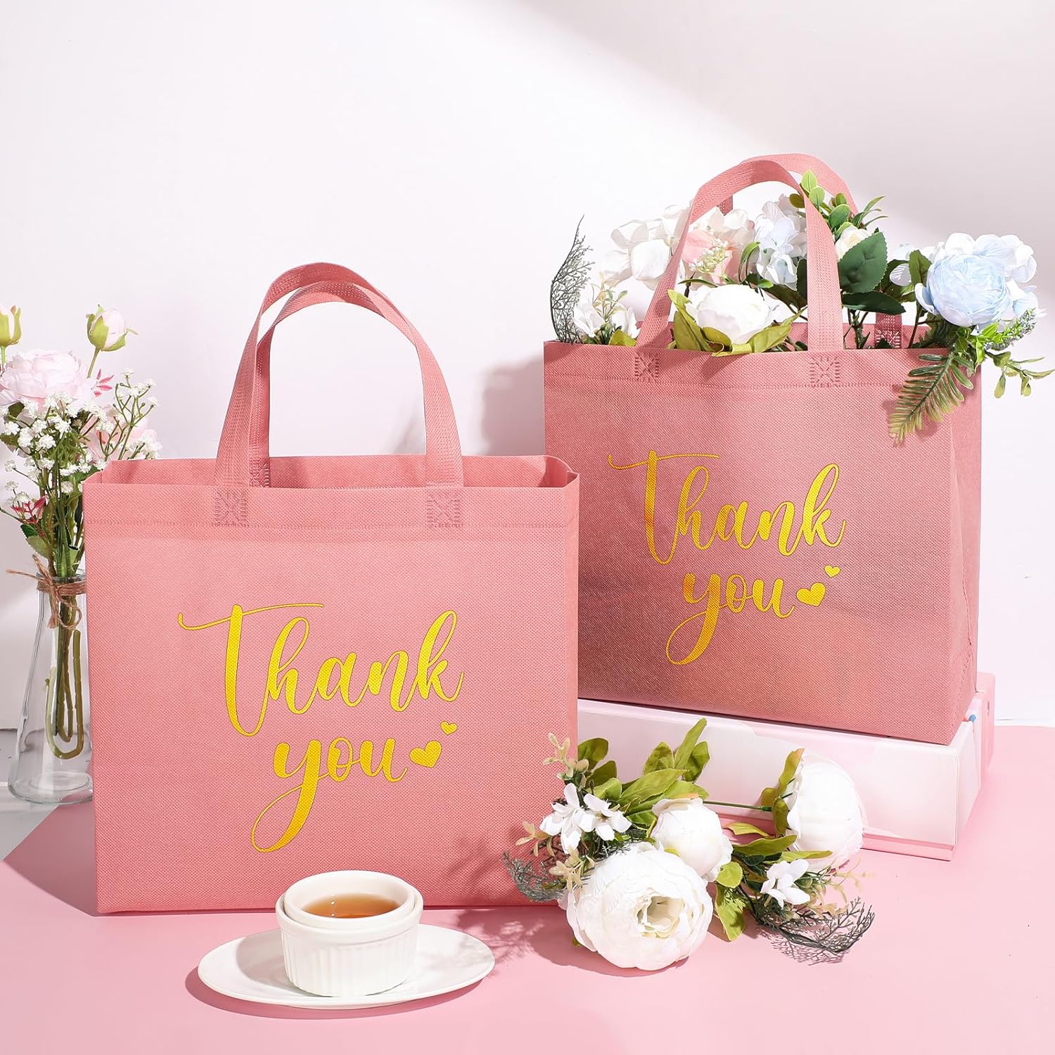 Sweetude 30 Pcs Valentine's Day Thank You Gift Bags with Handles Bulk Reusable Goodie Bag Non Woven Foldable Bag for Graduation Wedding Bridesmaid Gifts(11 x 12 x 5 Inch,Black)