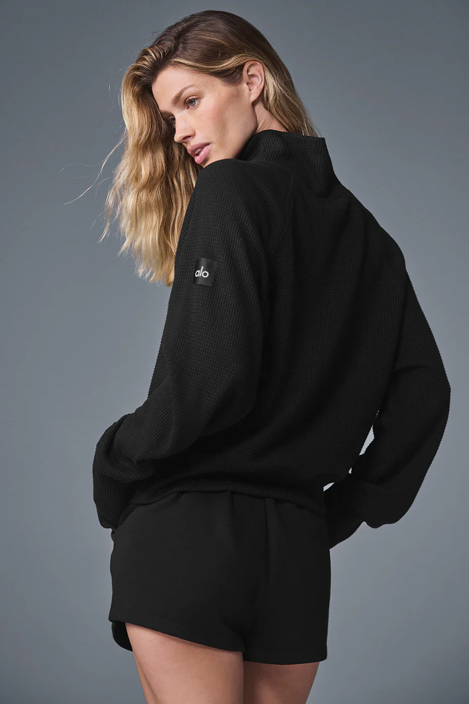 Waffle Weekend Escape Mock Neck Long Sleeve - Black