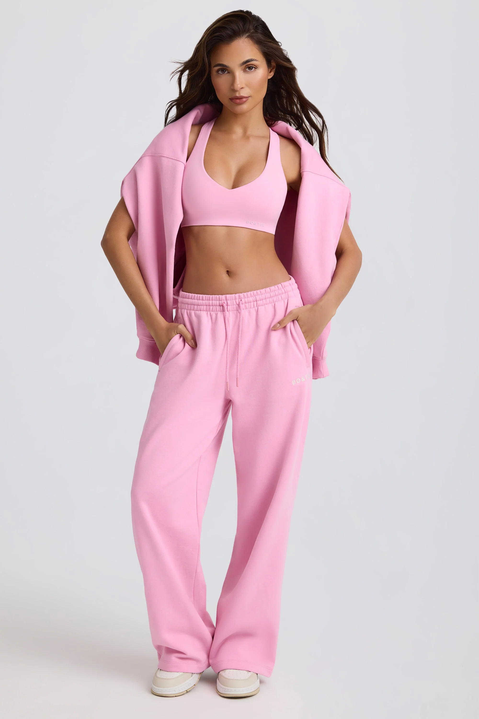 Mid-Rise Wide-Leg Joggers in Baby Pink