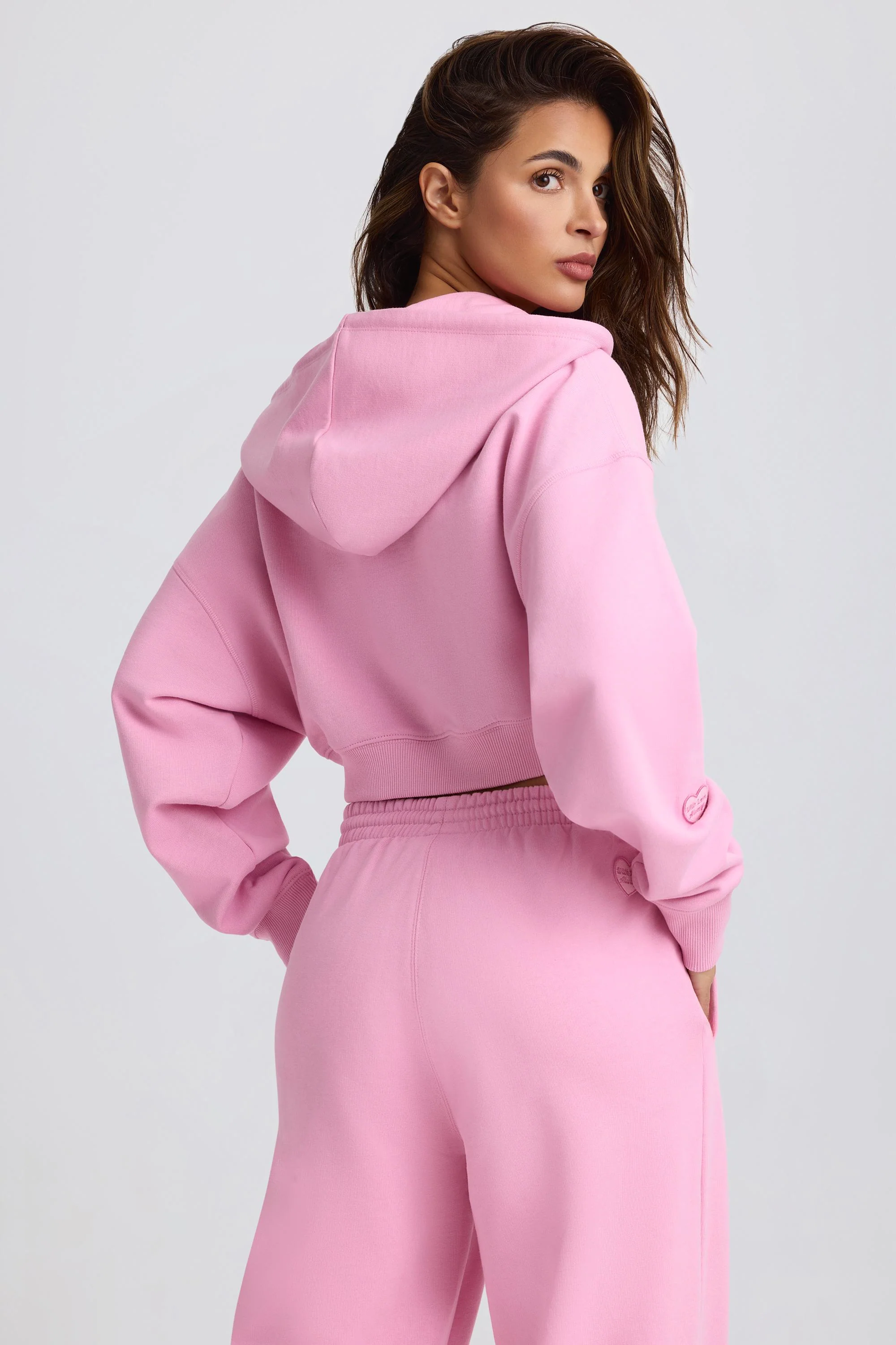 Cropped Zip-Up Hoodie in Baby Pink