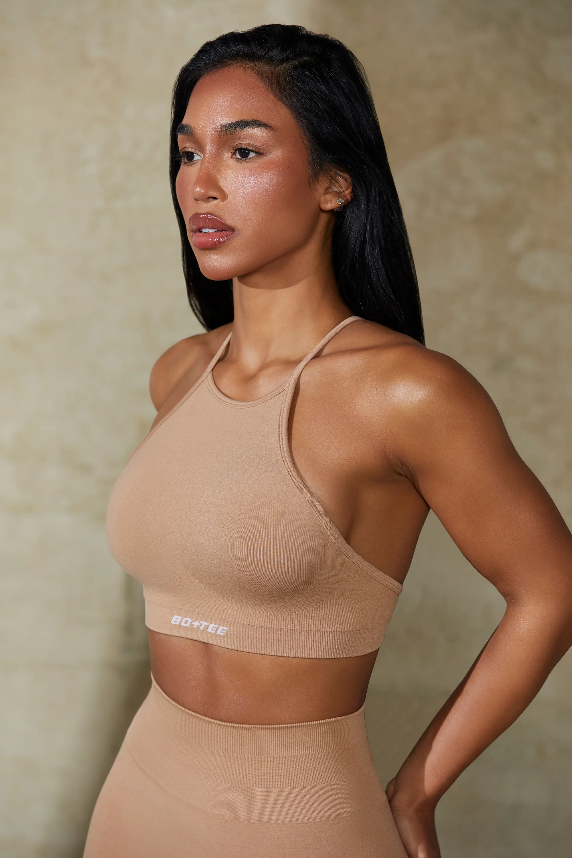 High Neck Open Back Define Luxe Sports Bra in Warm Taupe