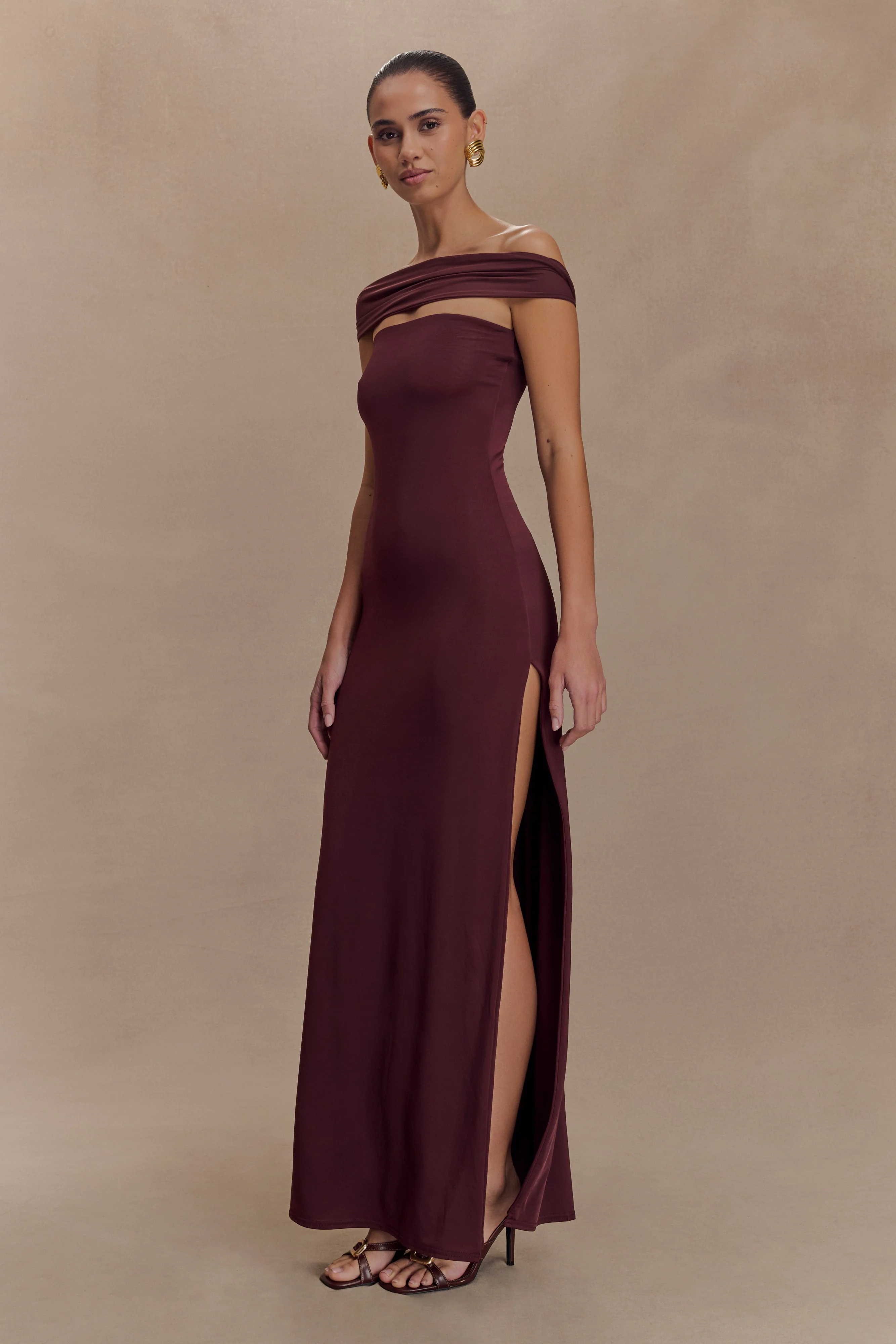 Aurora Slinky And Mesh Split Maxi Dress - Mahogany