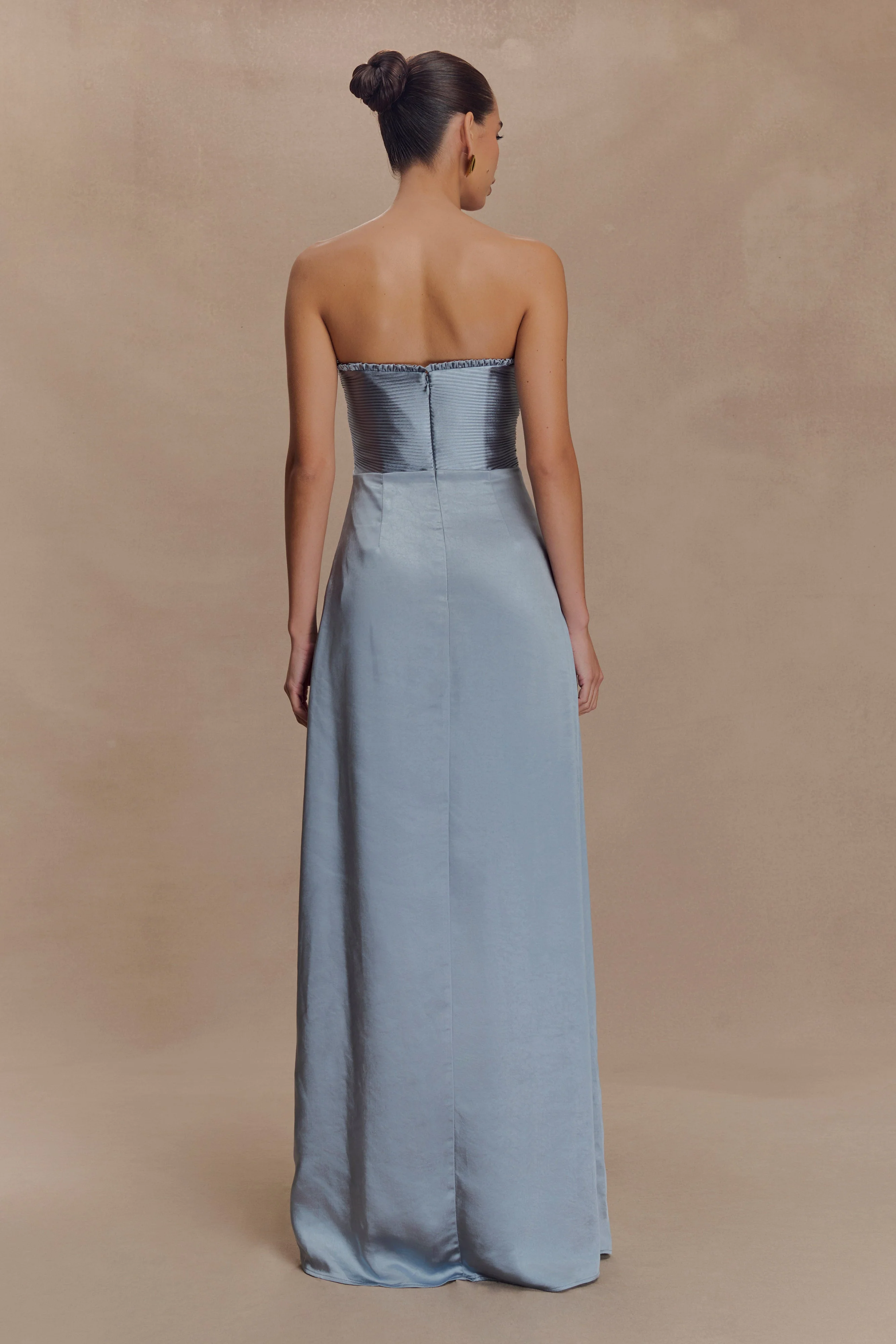 Larissa Satin Maxi Dress With Ruched Petals - Frosted Blue
