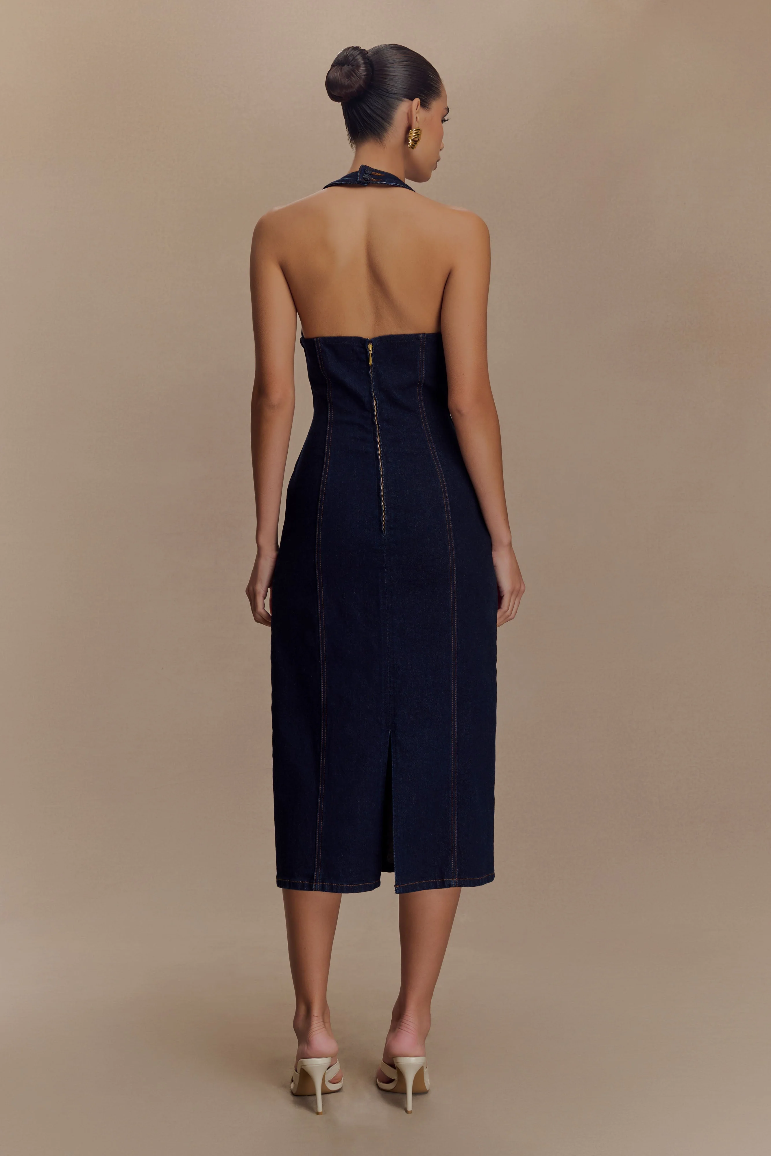 Shauna Denim Halter Midi Dress - Indigo Blue