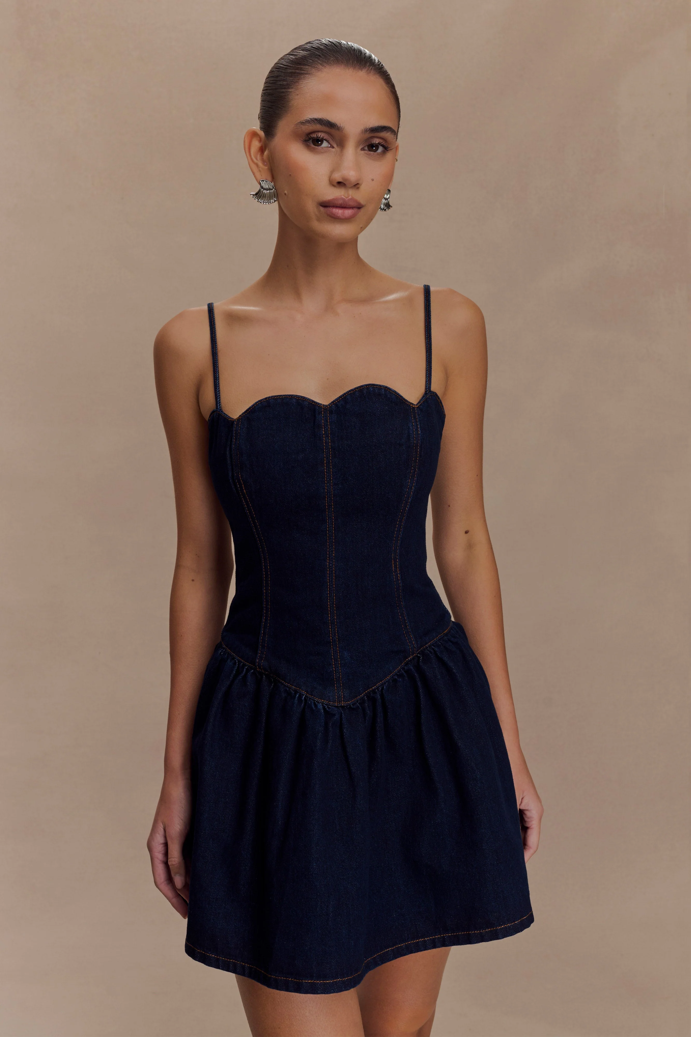 Cheyenne Scallop Denim Mini Dress - Indigo Blue