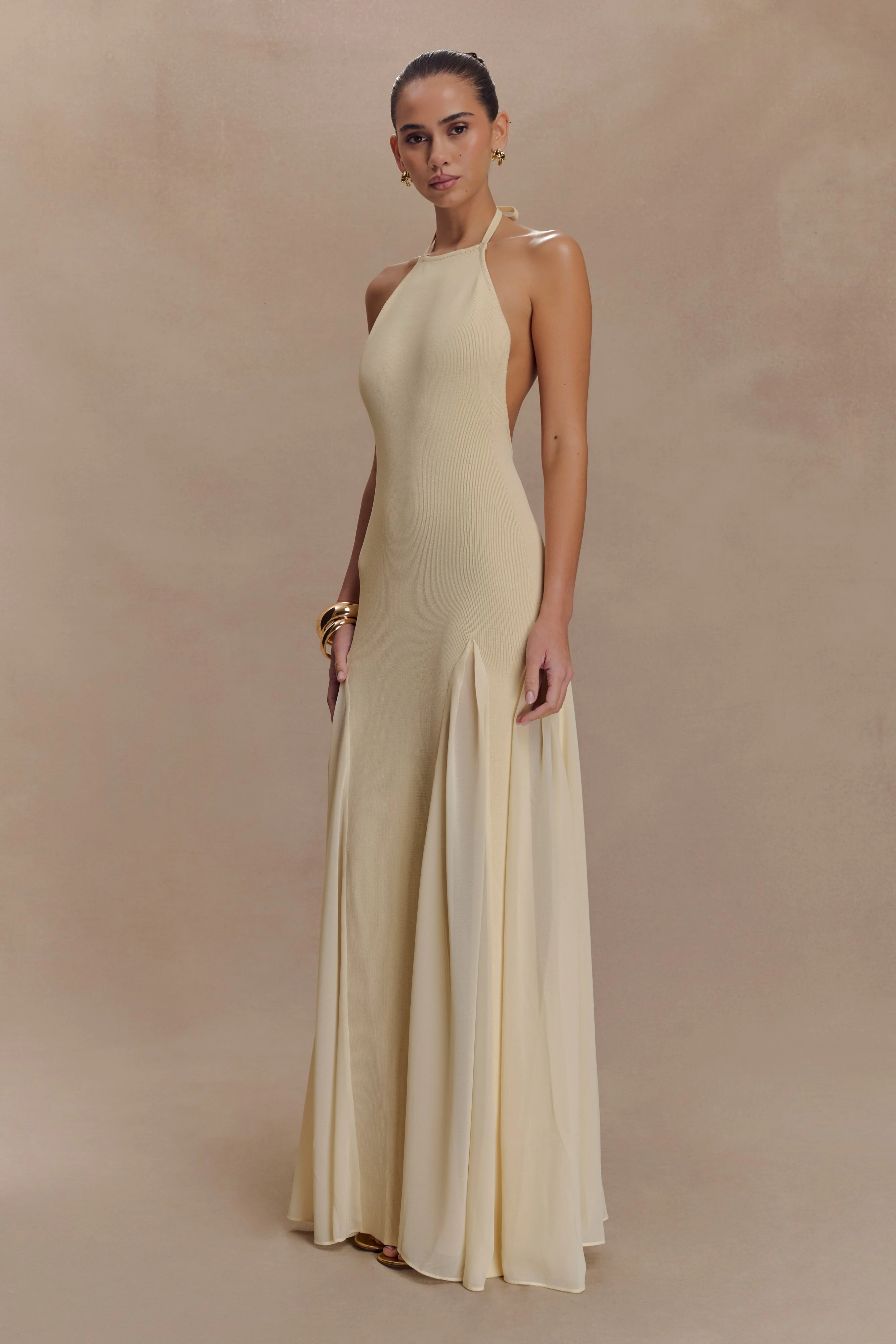 Soleil Knit And Mesh Halter Maxi Dress - Cream