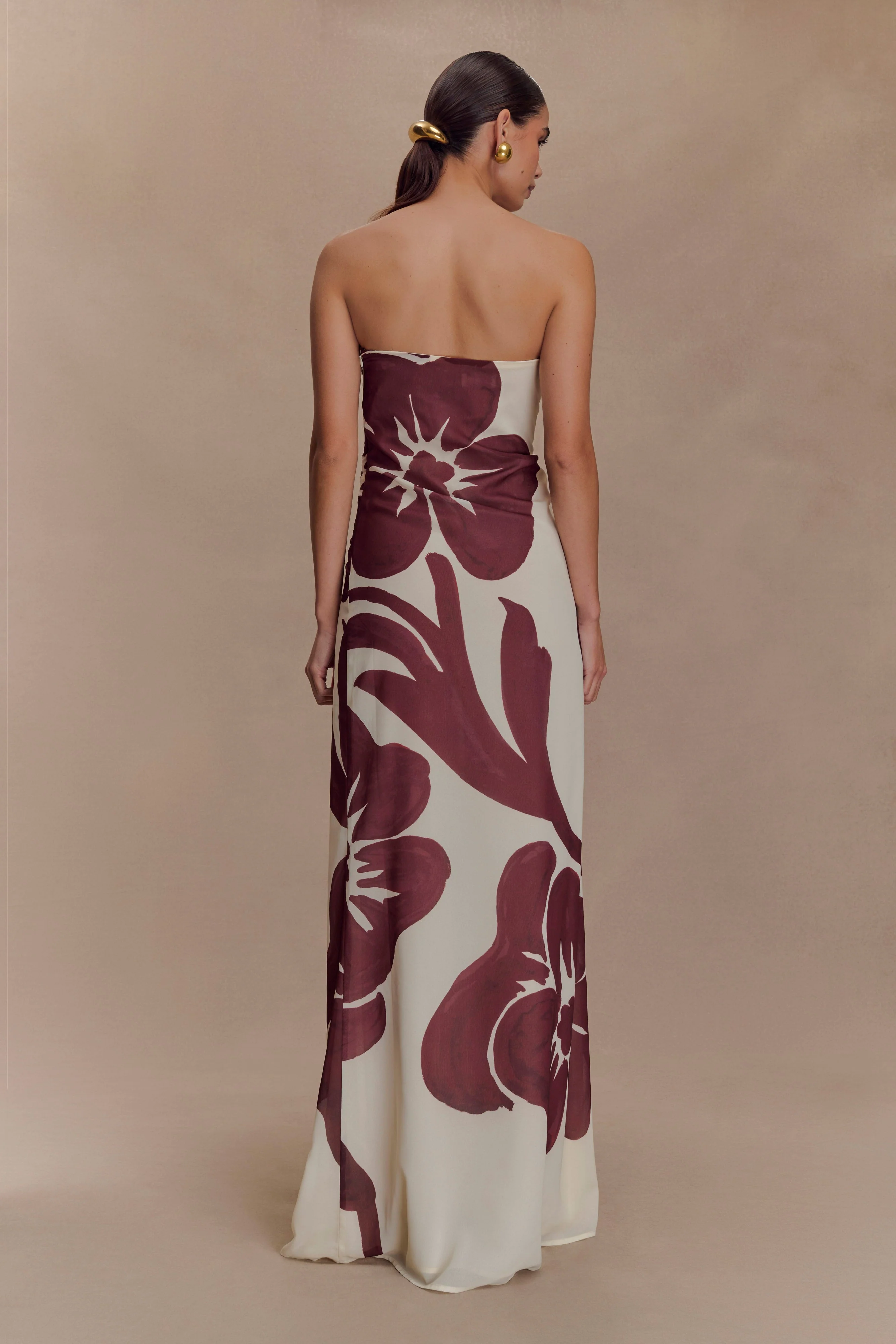 Amaya Strapless Chiffon Maxi Dress - Chocolate Deco Fleur Print