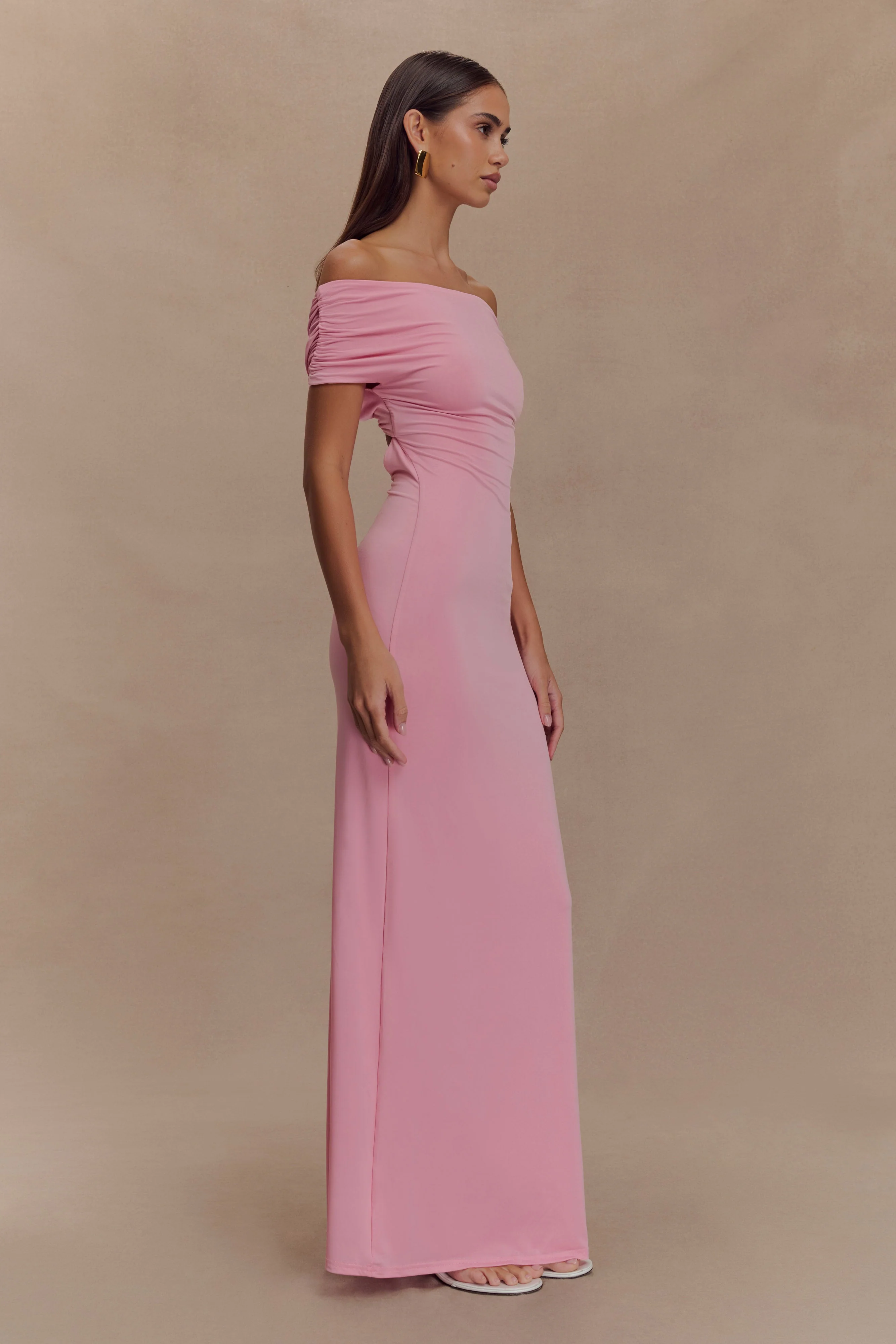 Imogen Off Shoulder Slinky Maxi Dress - Candy Pink