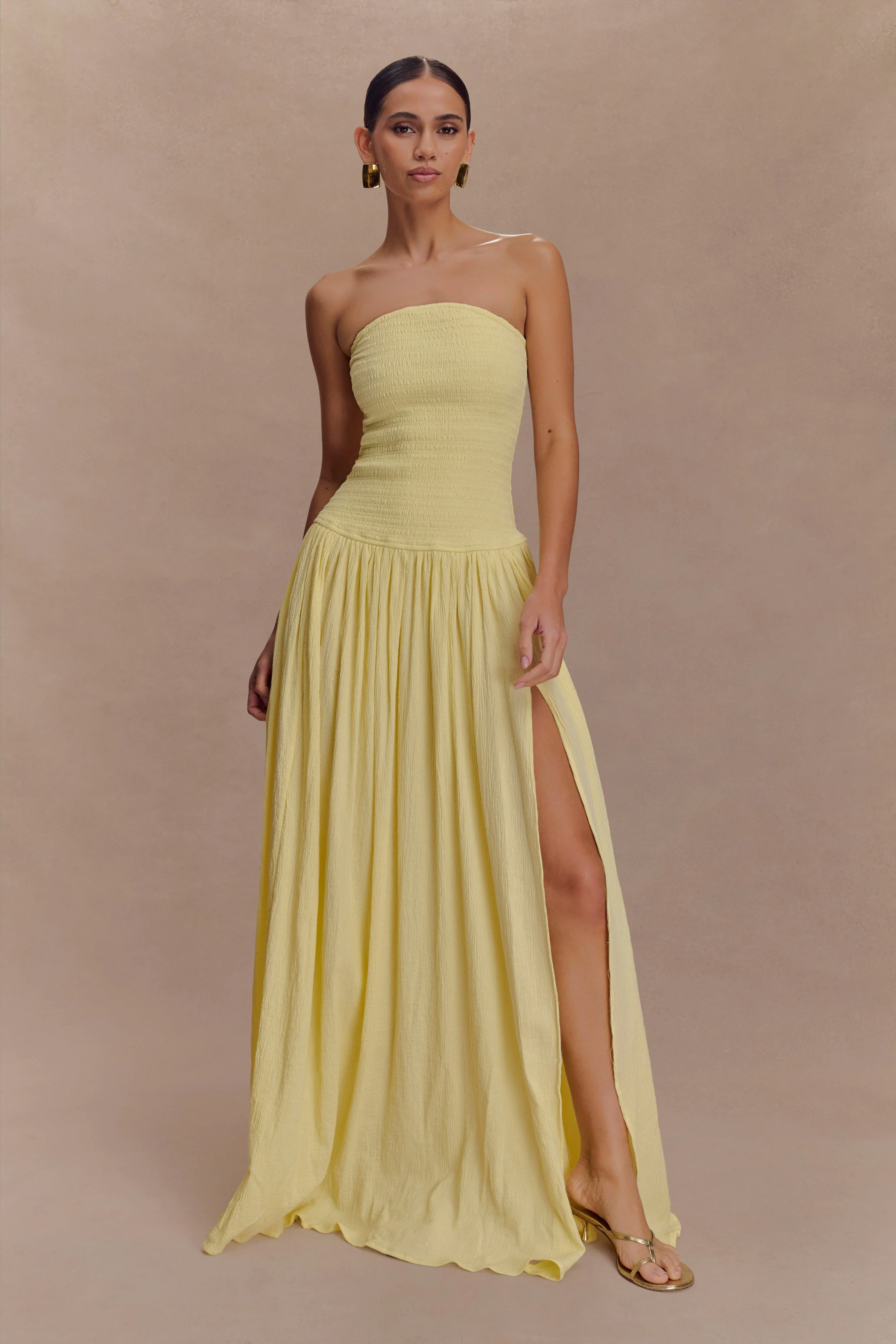 Maureen Cotton Shirring Maxi Dress - Lemon