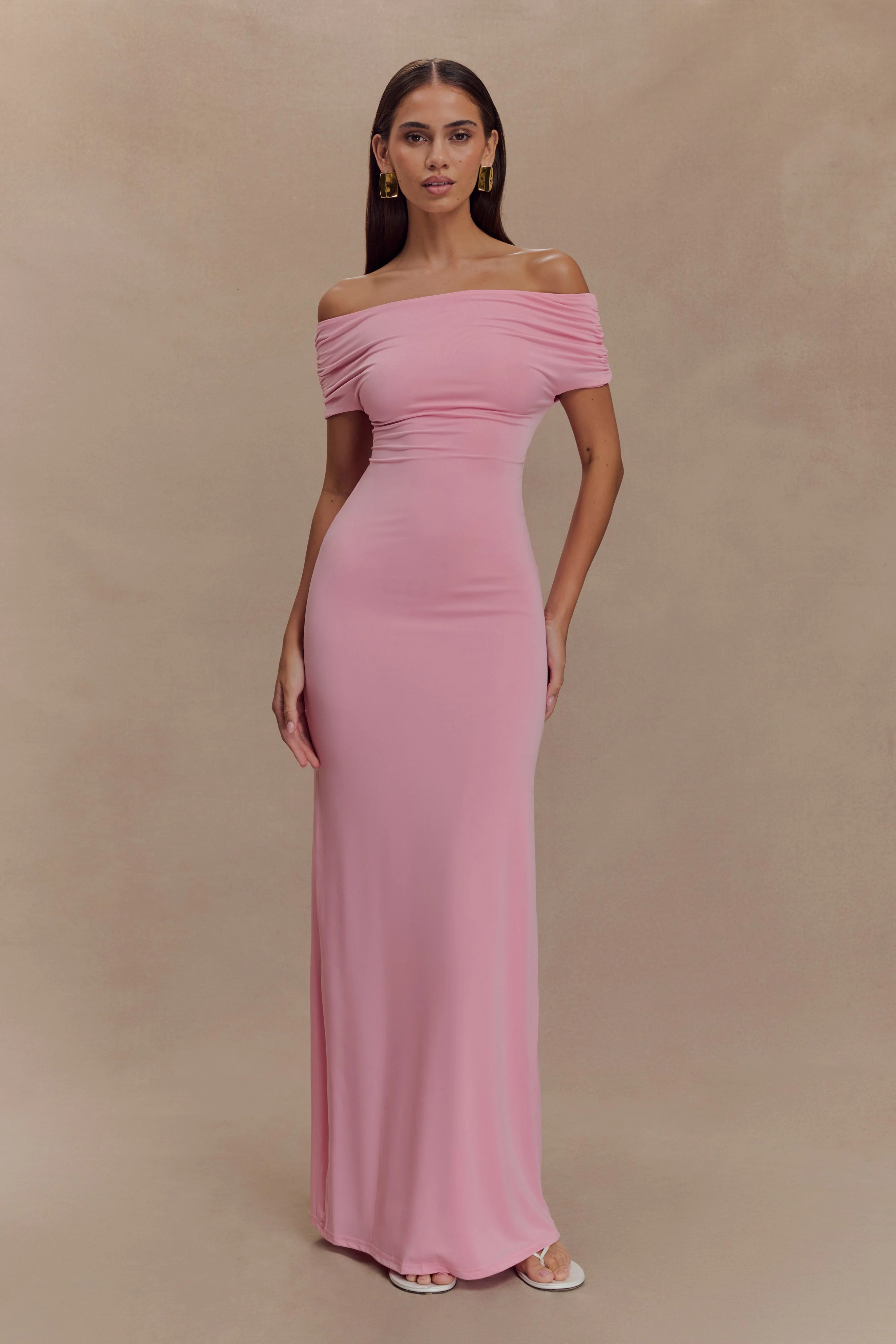 Imogen Off Shoulder Slinky Maxi Dress - Candy Pink