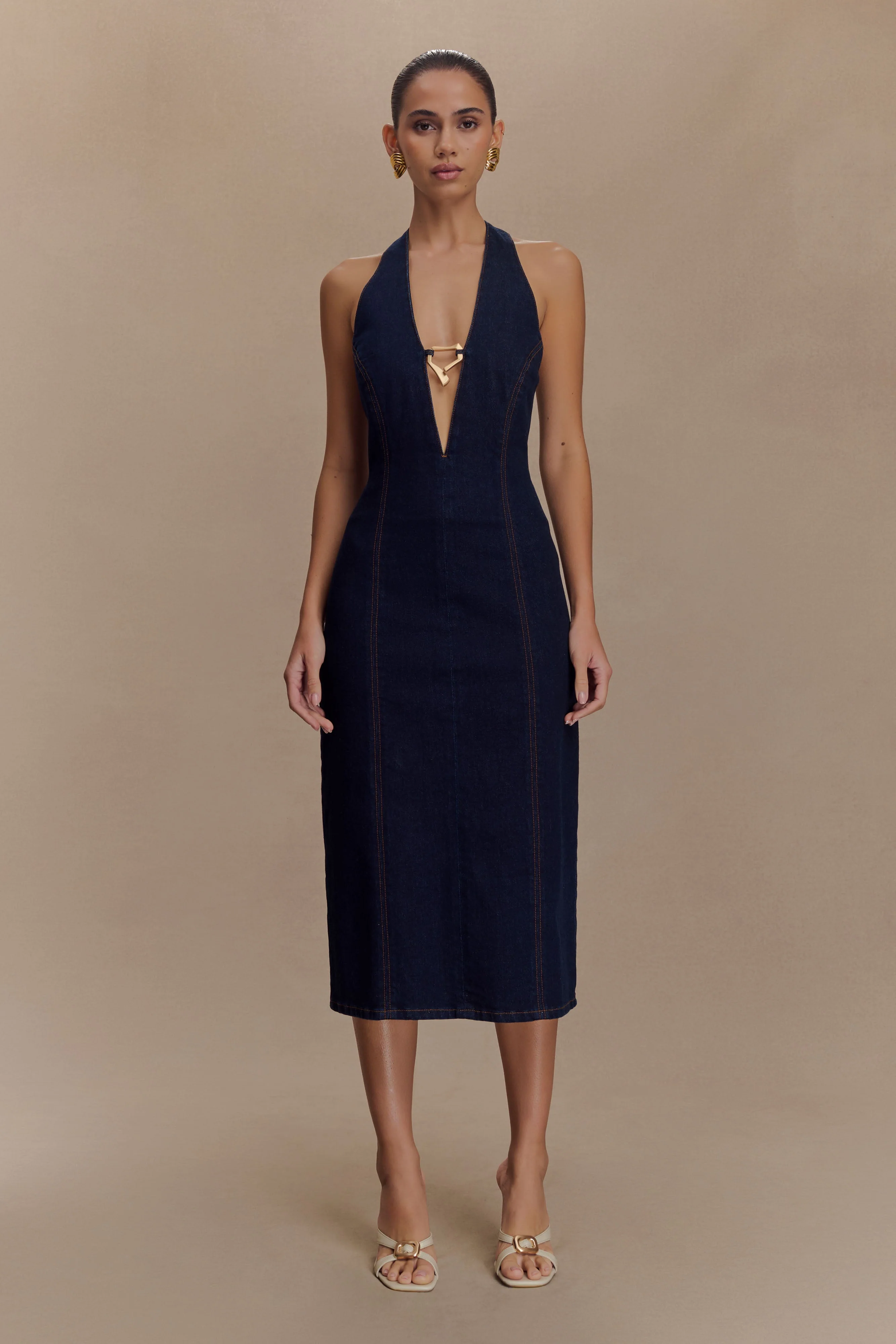 Shauna Denim Halter Midi Dress - Indigo Blue