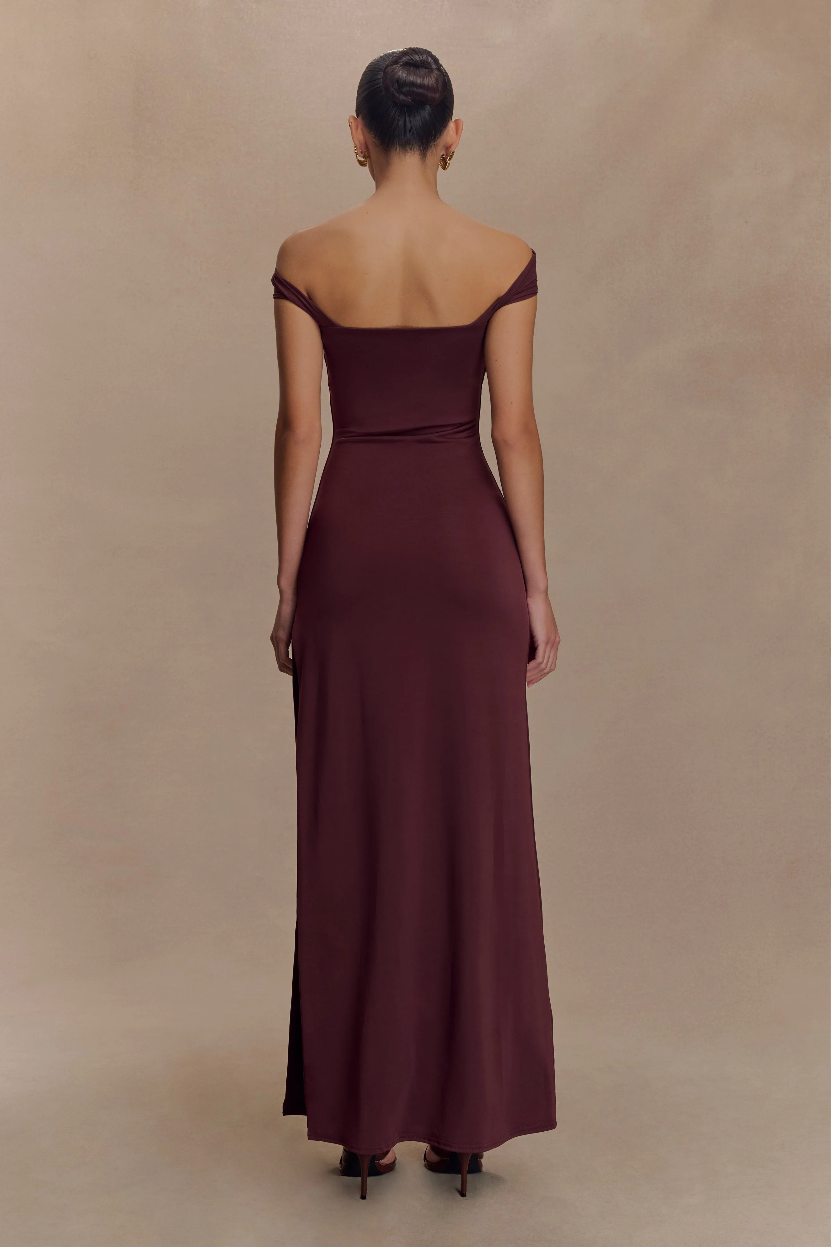 Aurora Slinky And Mesh Split Maxi Dress - Mahogany