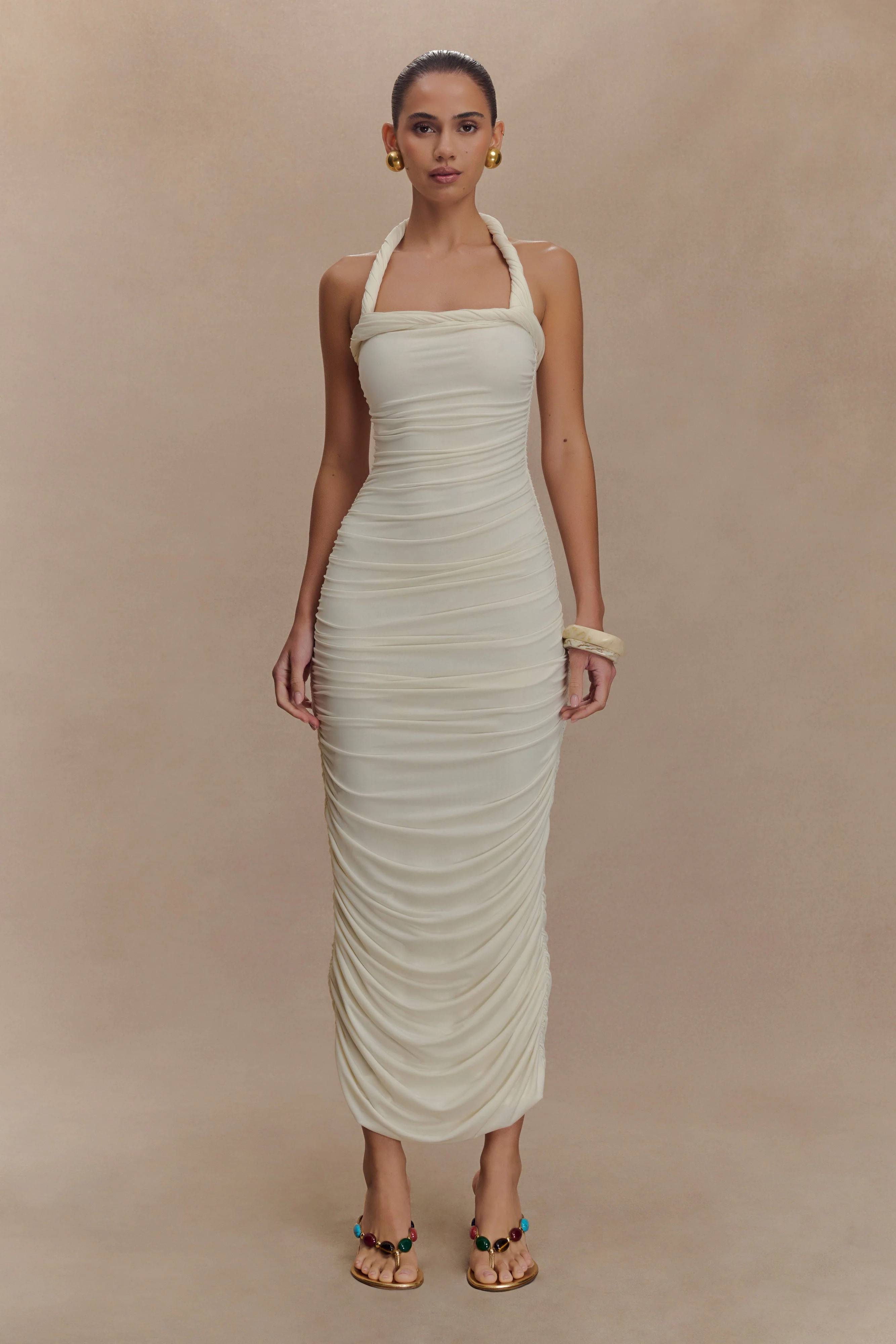 Camila Ruched Halter Midi Dress - Ivory