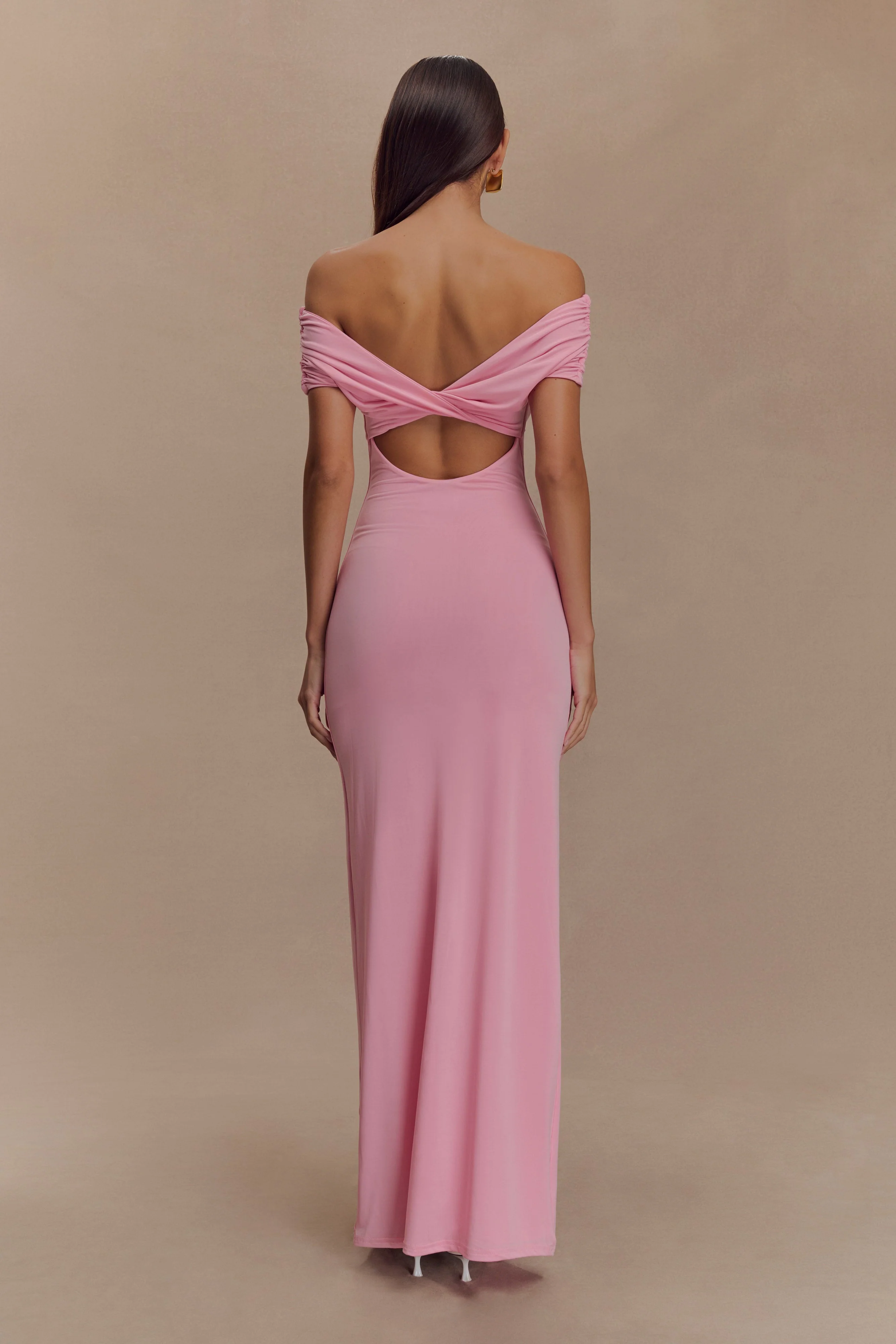Imogen Off Shoulder Slinky Maxi Dress - Candy Pink
