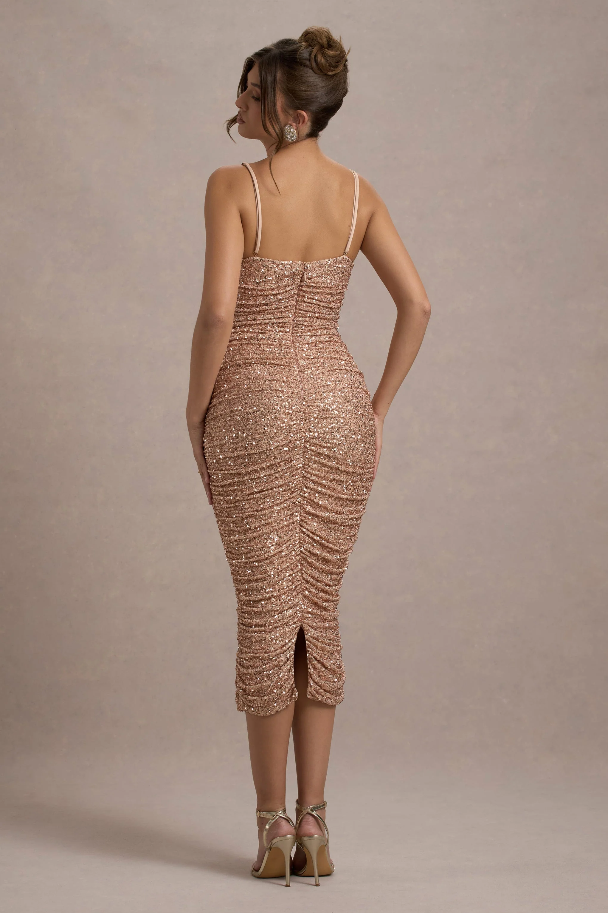 New Energy | Gold Sequin Strappy Ruched Bodycon Midi Dress