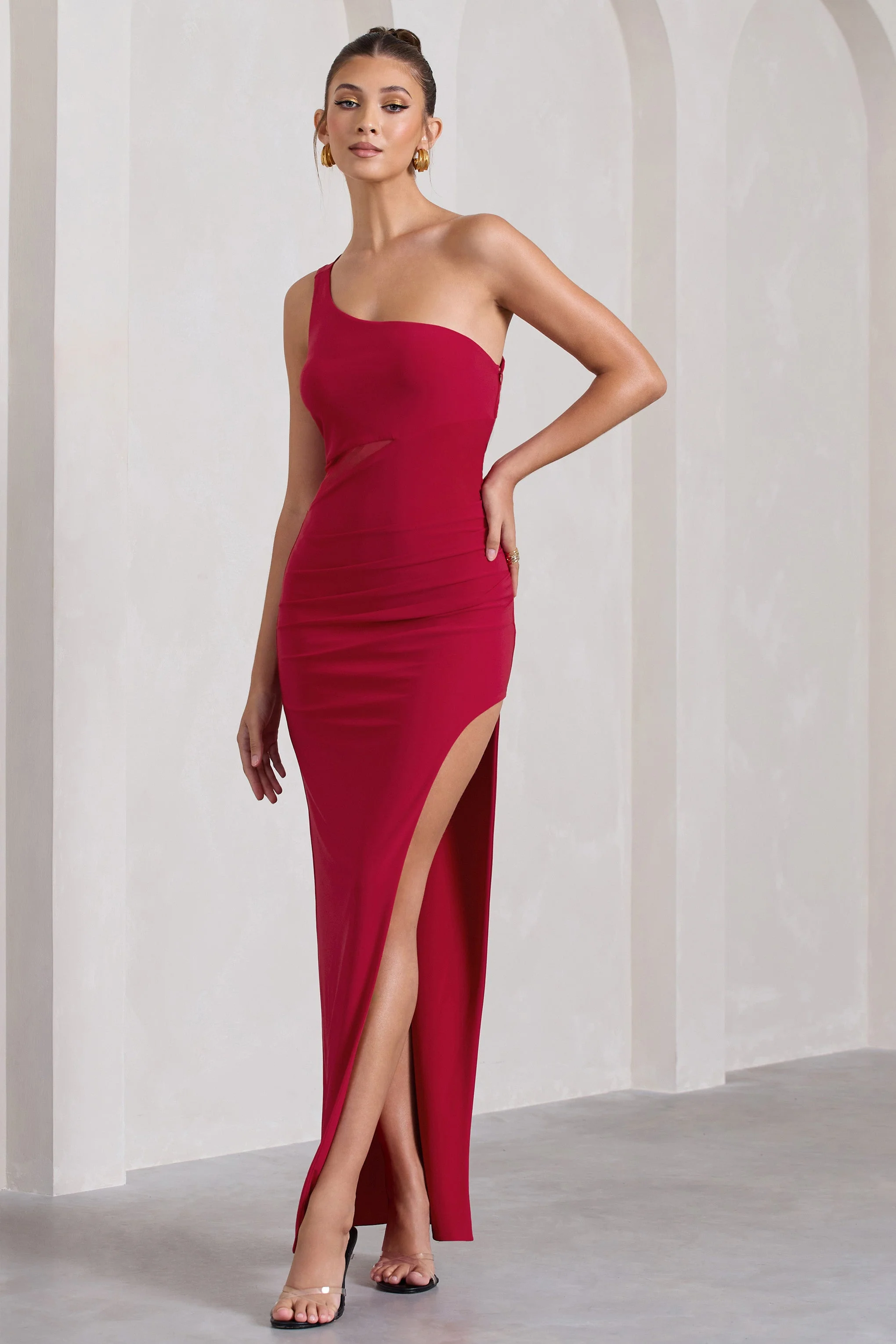 My Night | Red One Shoulder Sleeveless Cut-Out Split Maxi Dress