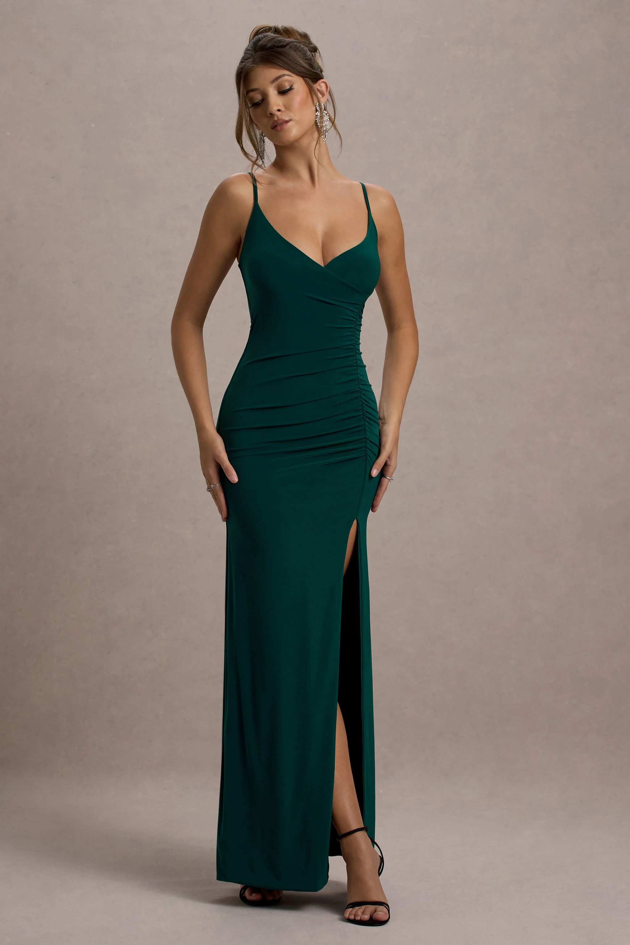 Jeanne | Bottle Green Plunge Ruched Cami Maxi Dress With Split