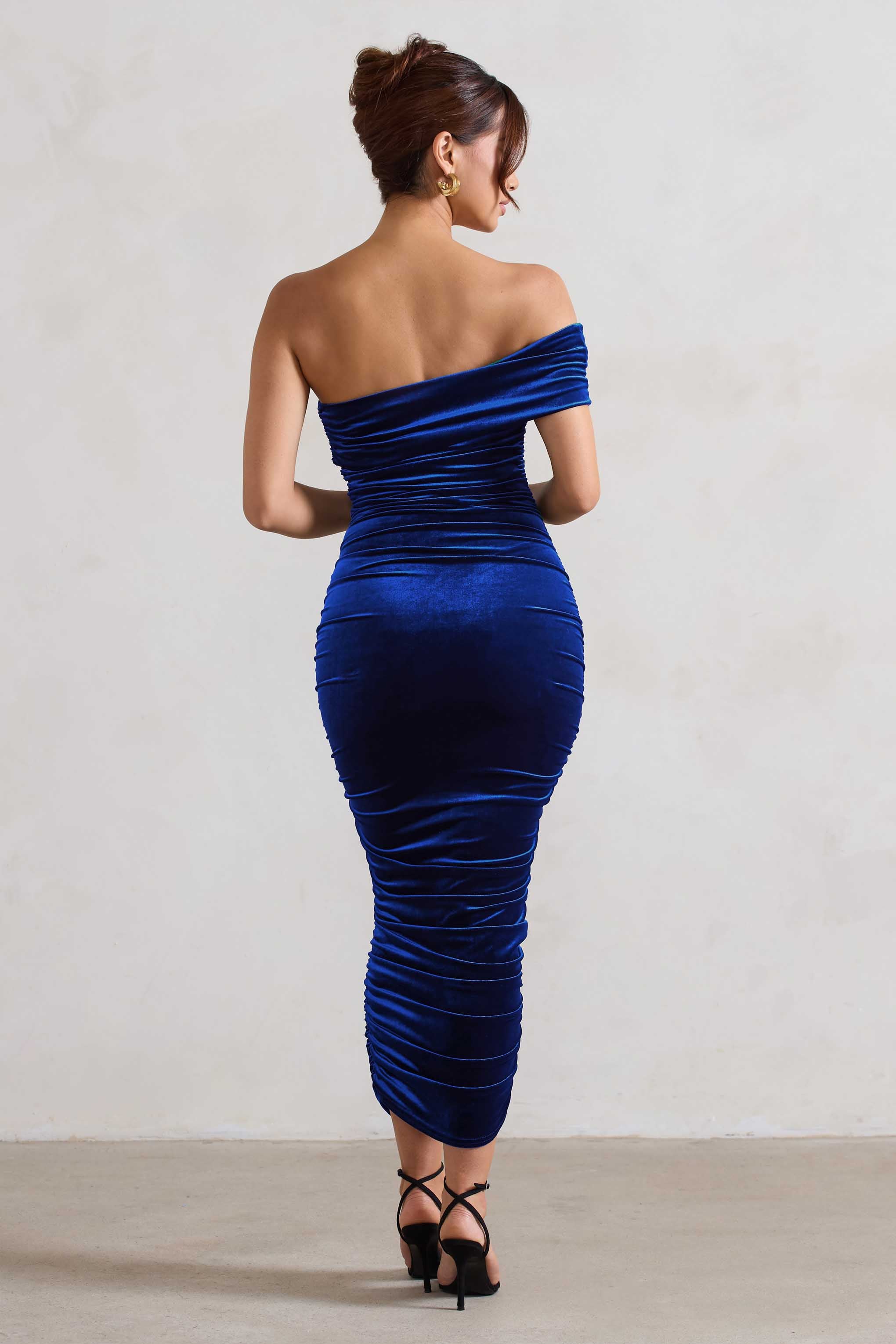Remember Me | Cobalt Blue Velvet Ruched Asymmetric Bodycon Midi Dress