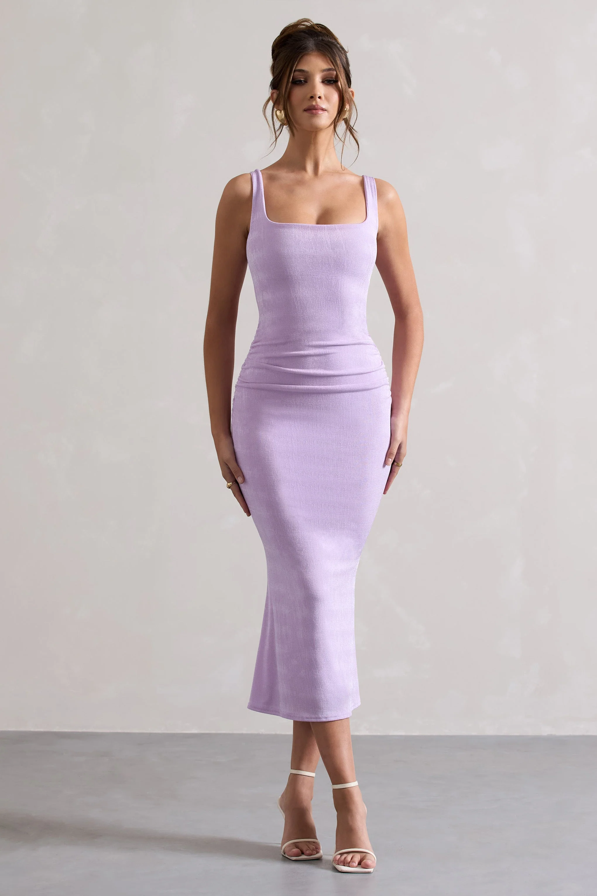 Evora | Lilac Ruched Square-Neck Fishtail Midi Dress