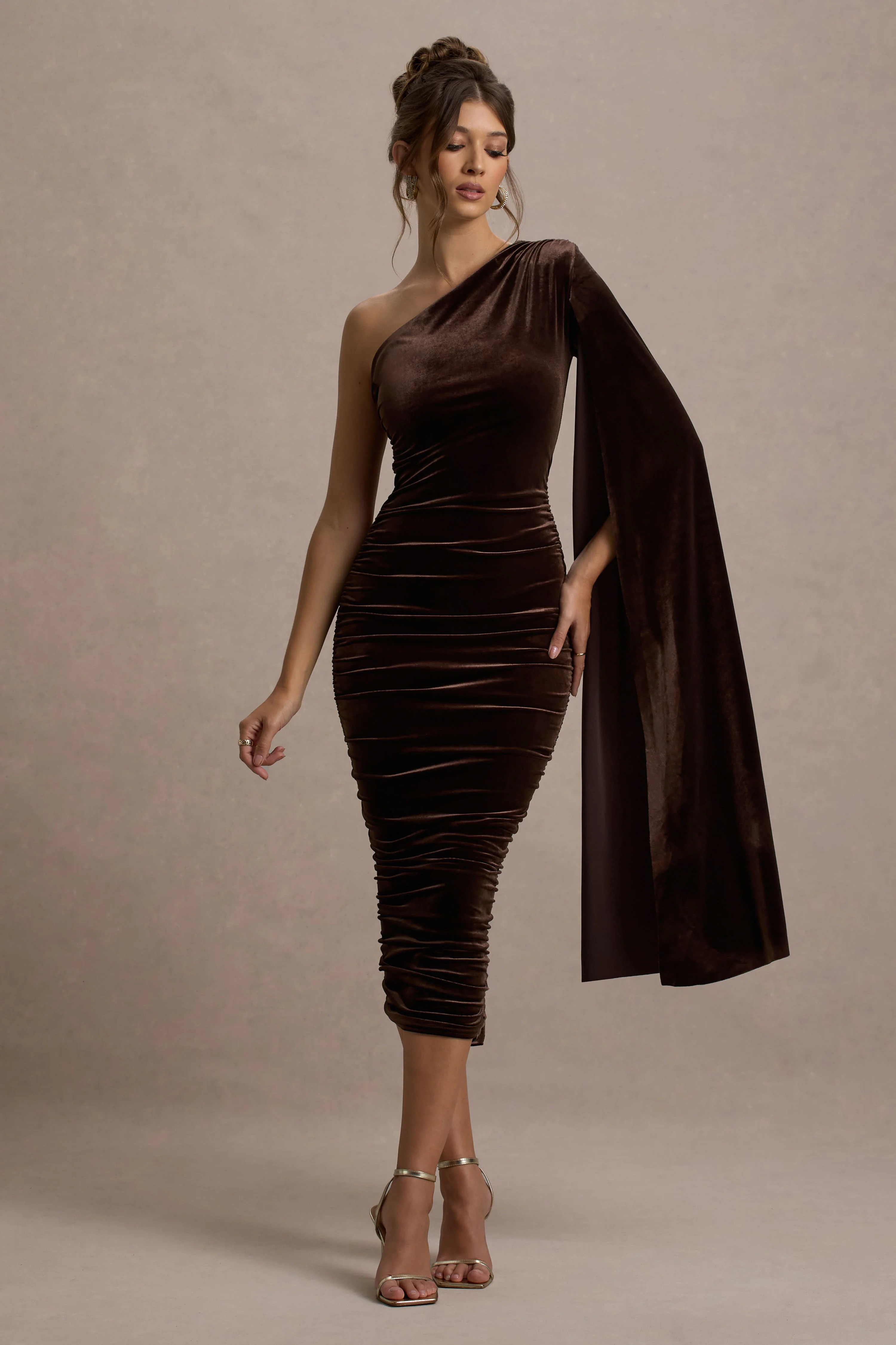 Gianna | Chocolate Velvet One Shoulder Cape Bodycon Midi Dress