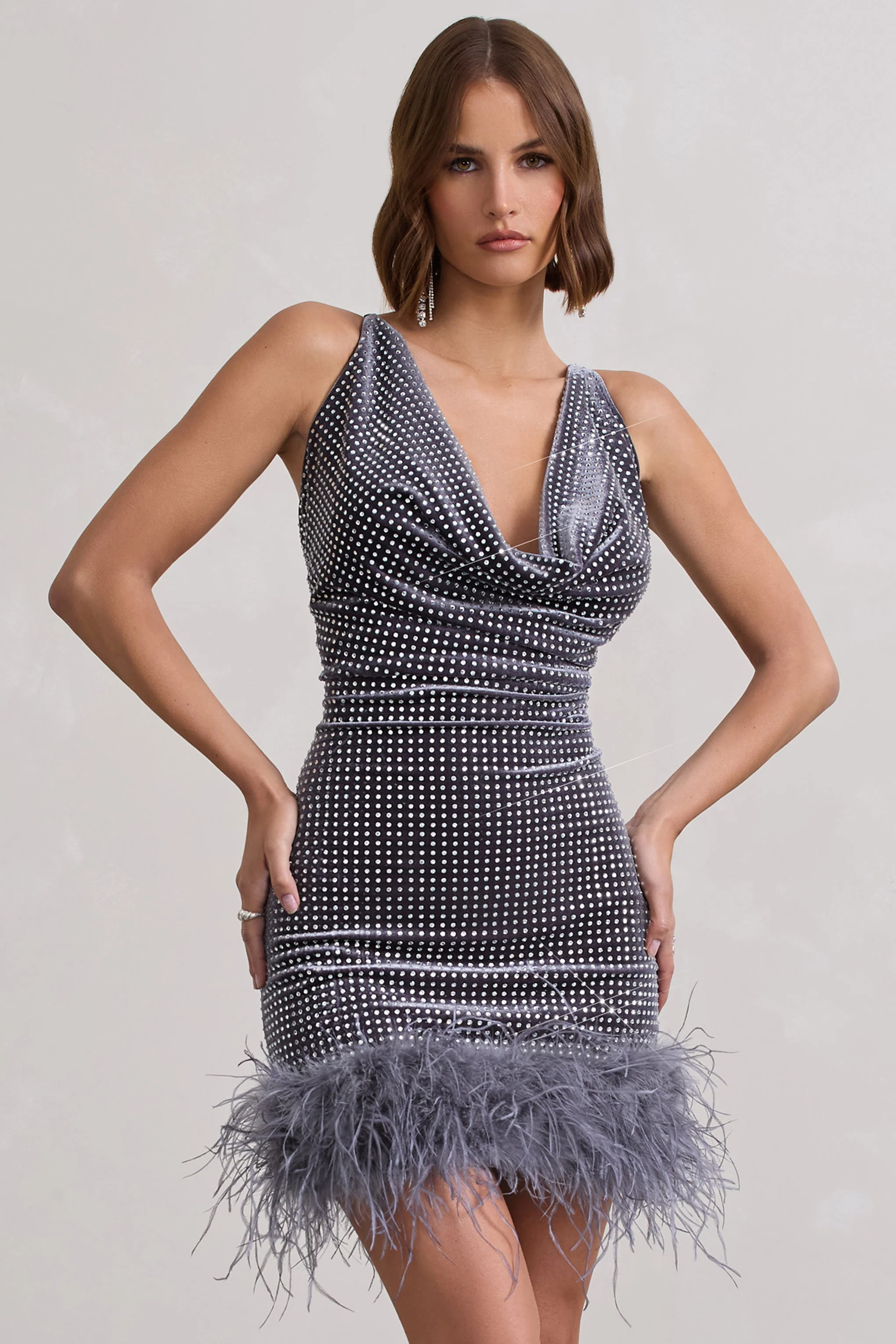 Mirror Me | Silver Velvet Embellished Cowl-Neck Mini Dress With Feather Trim