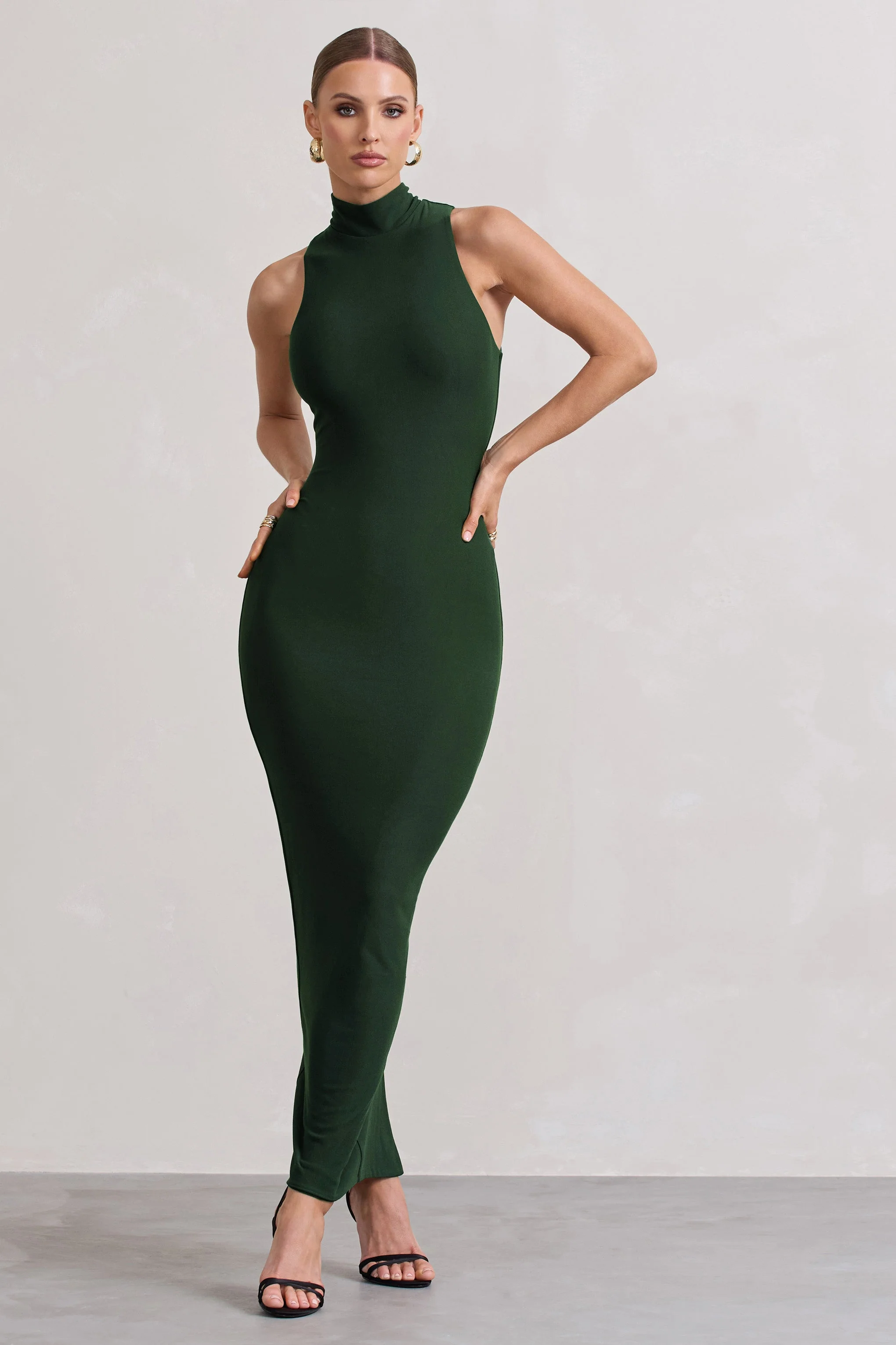 Mindy | Dark Green Bodycon High-Neck Maxi Dress