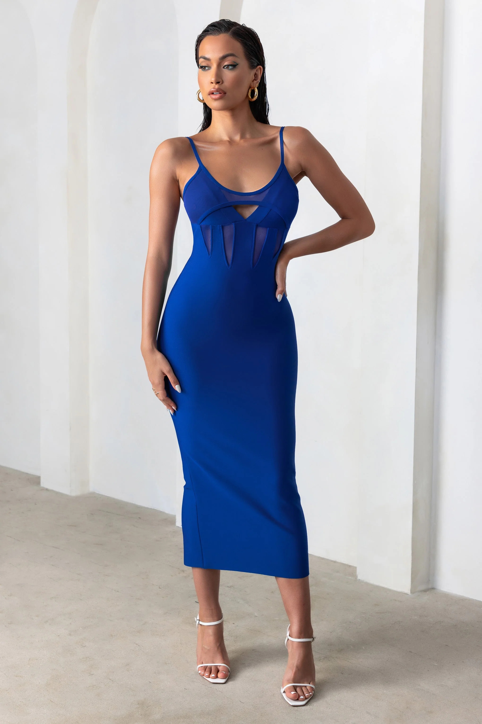 Destiny Calling | Electric Blue Bandage Mesh Cut Out Midi Dress with Bra Detail