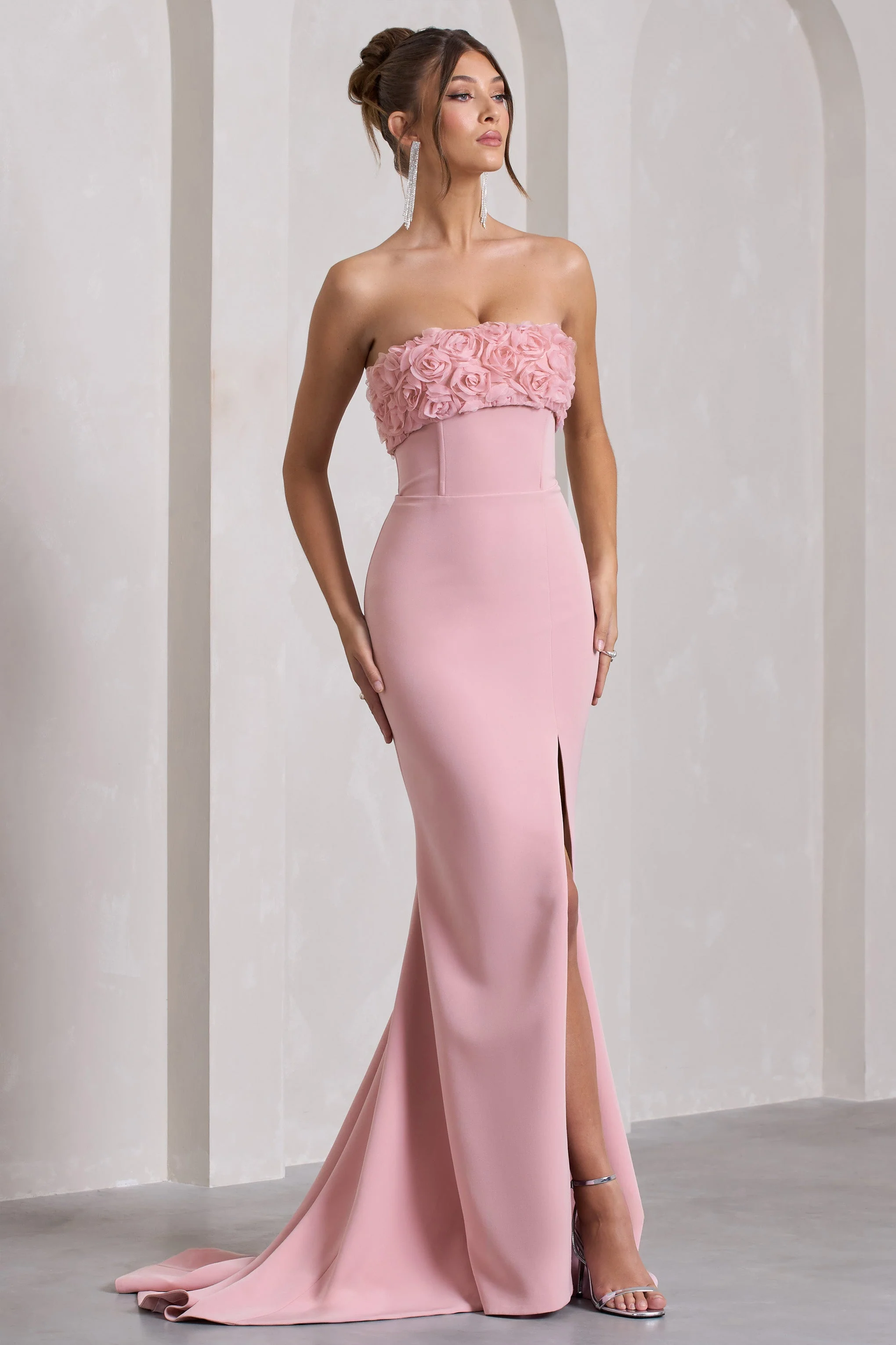 Allegra | Pink Bandeau Split Fishtail Maxi Dress With Flowers