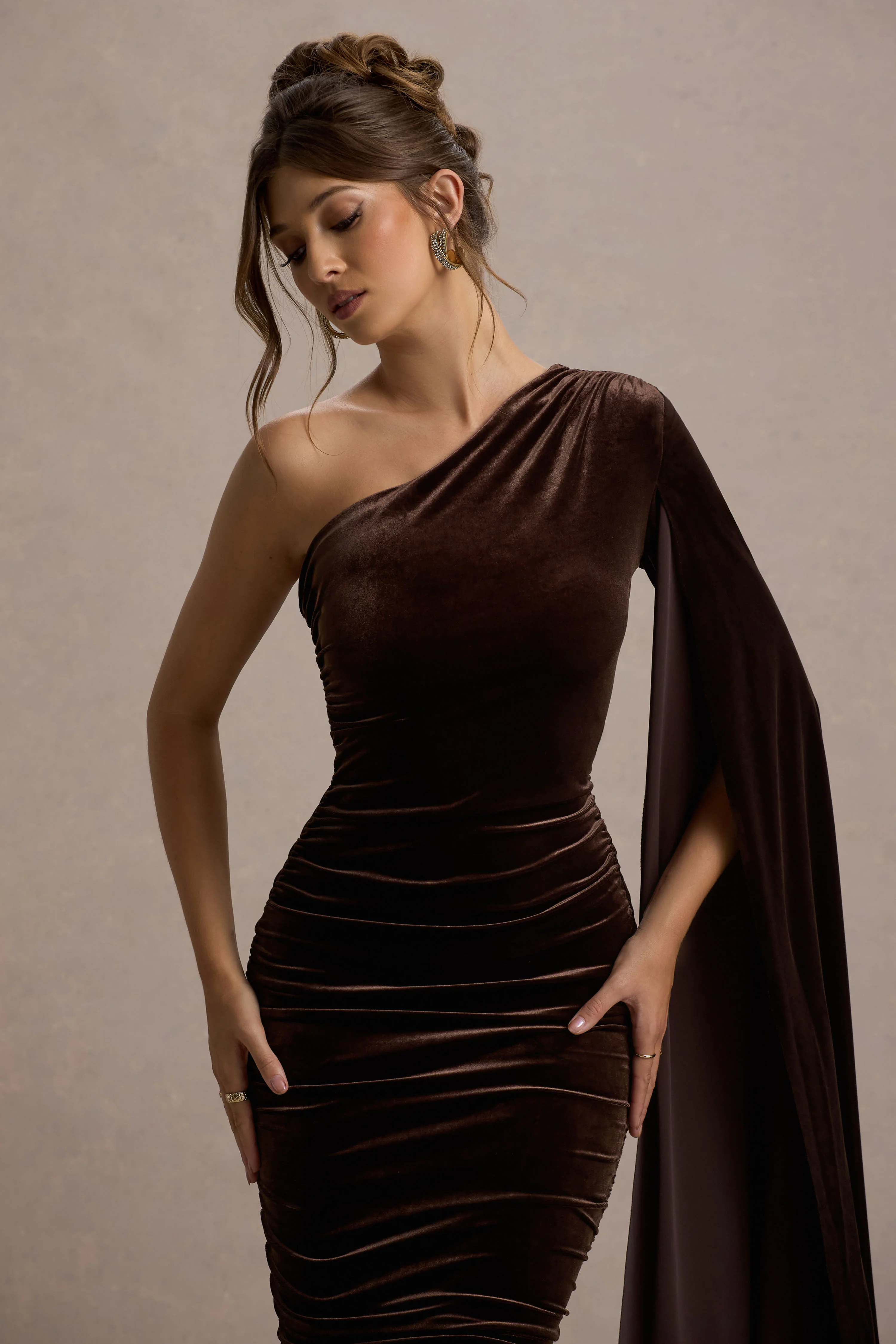 Gianna | Chocolate Velvet One Shoulder Cape Bodycon Midi Dress