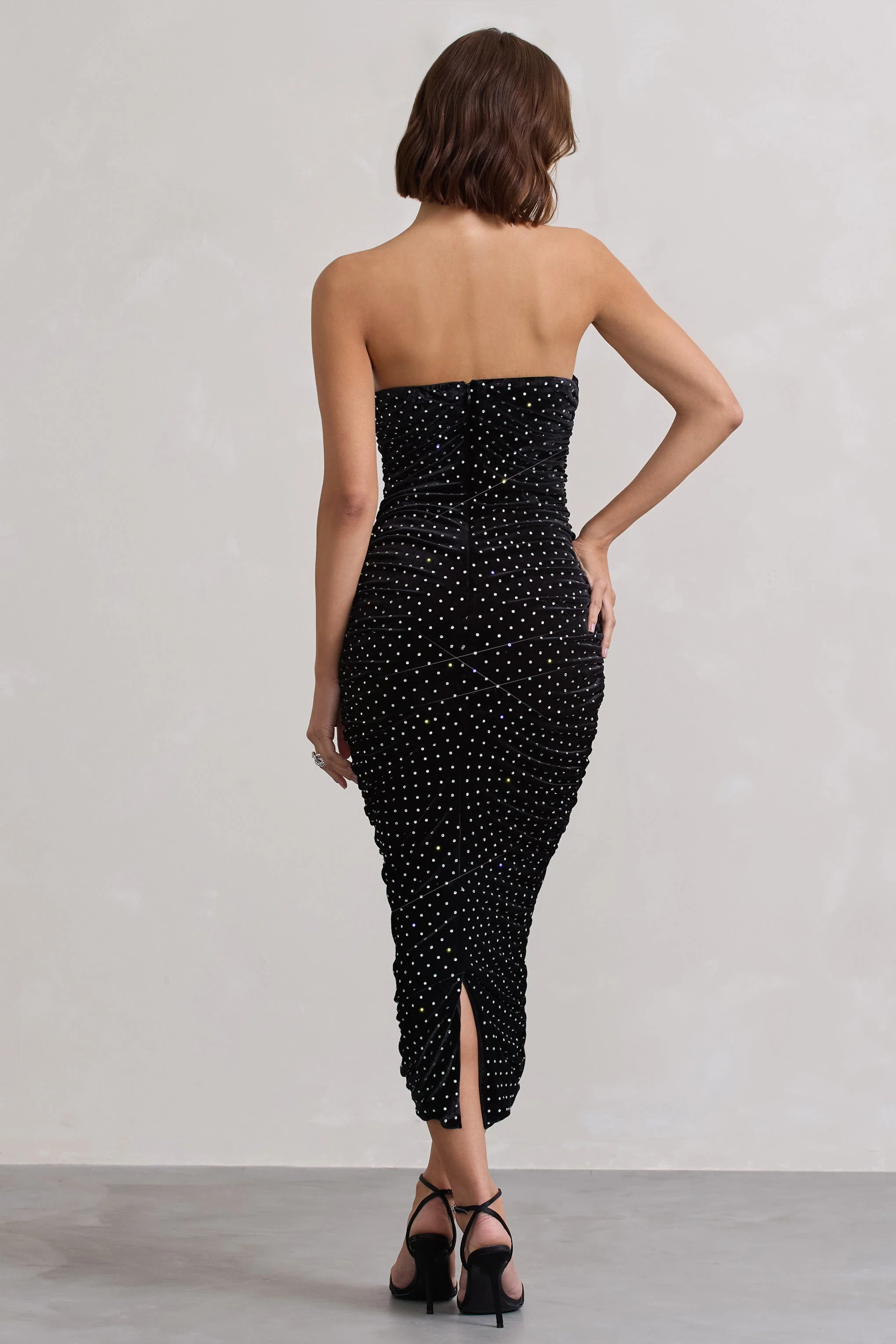 In A Daze | Black Bodycon Embellished Strapless Midi Dress
