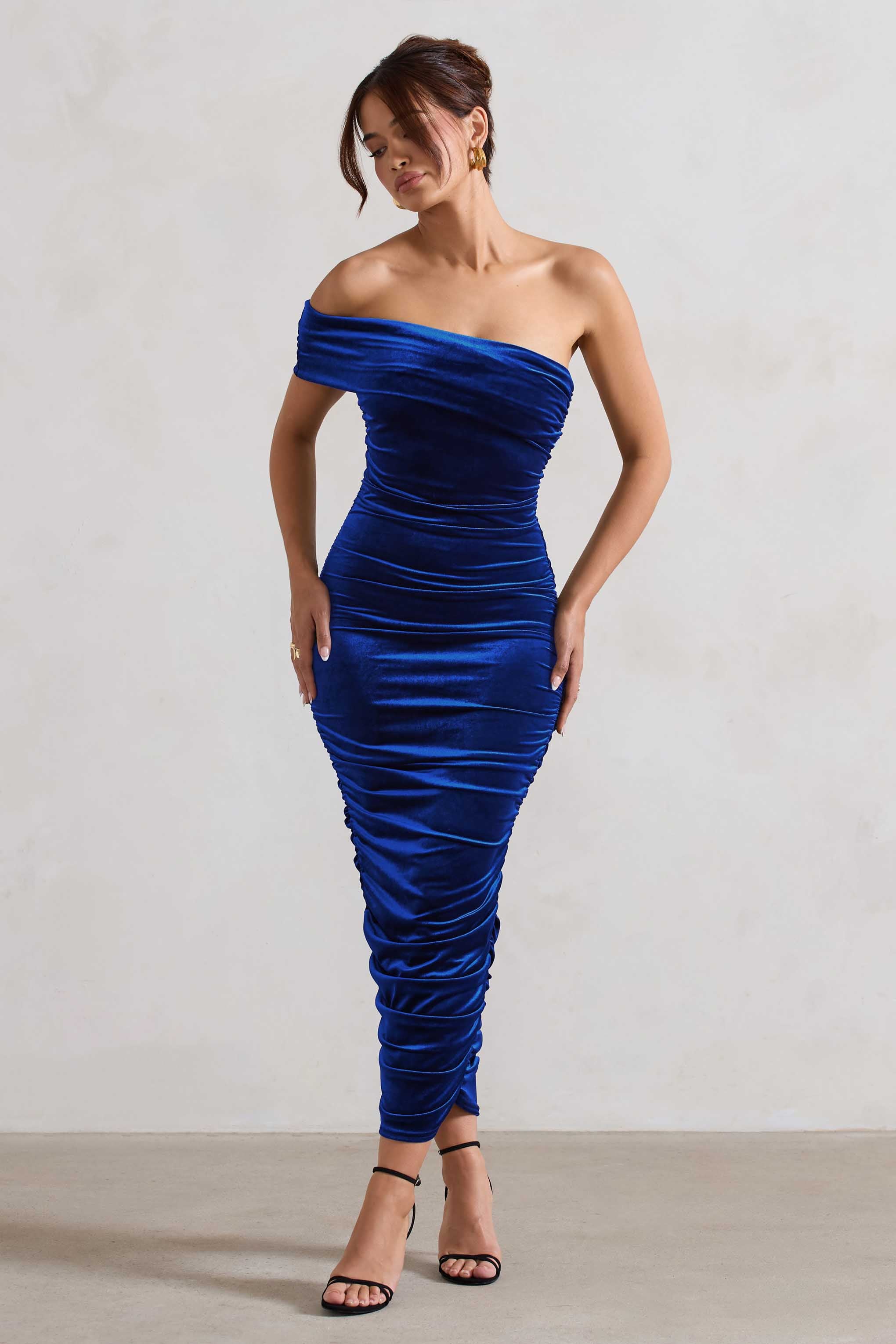 Remember Me | Cobalt Blue Velvet Ruched Asymmetric Bodycon Midi Dress