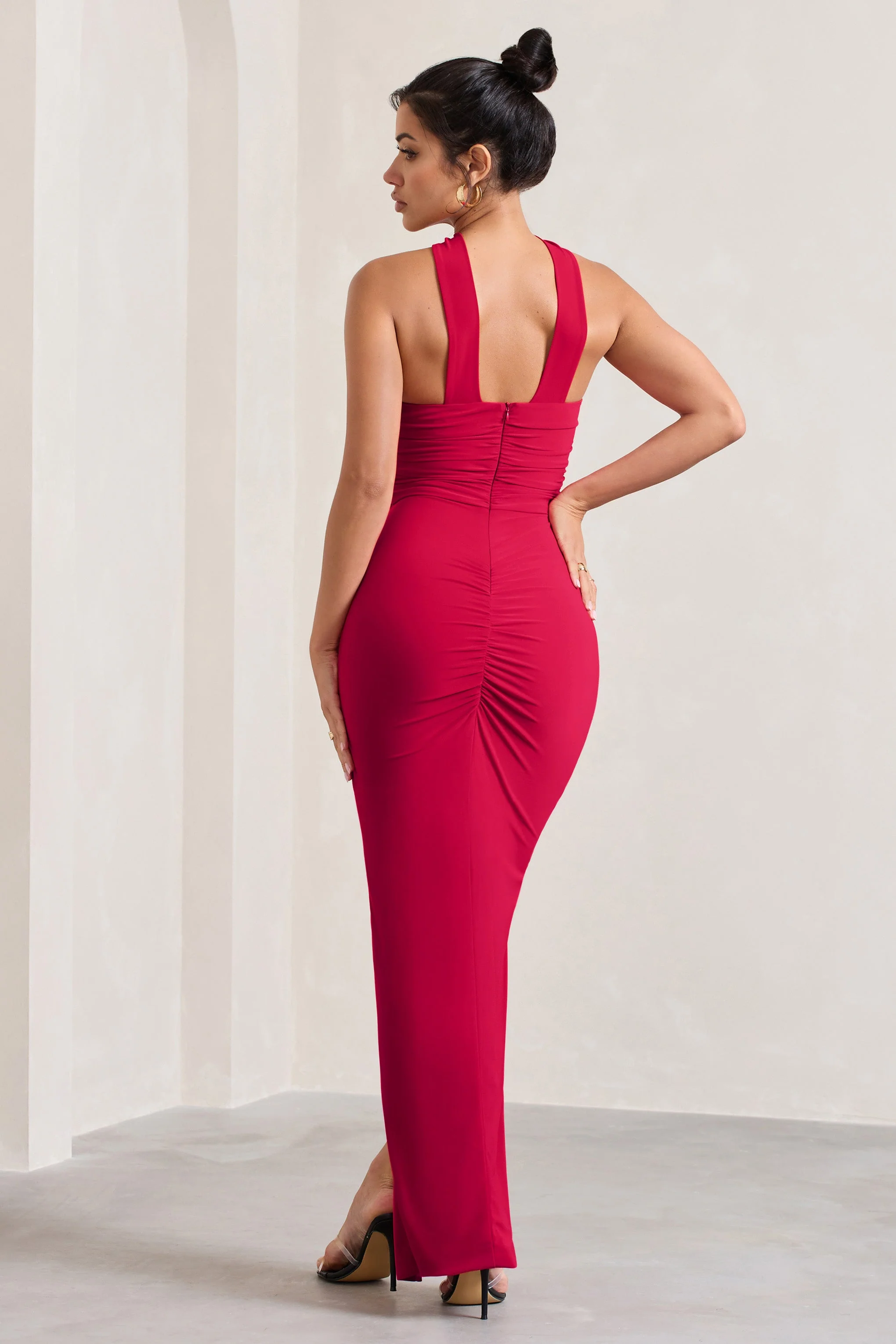 Paprika | Red Ruched Halter-Neck Bandeau Maxi Dress