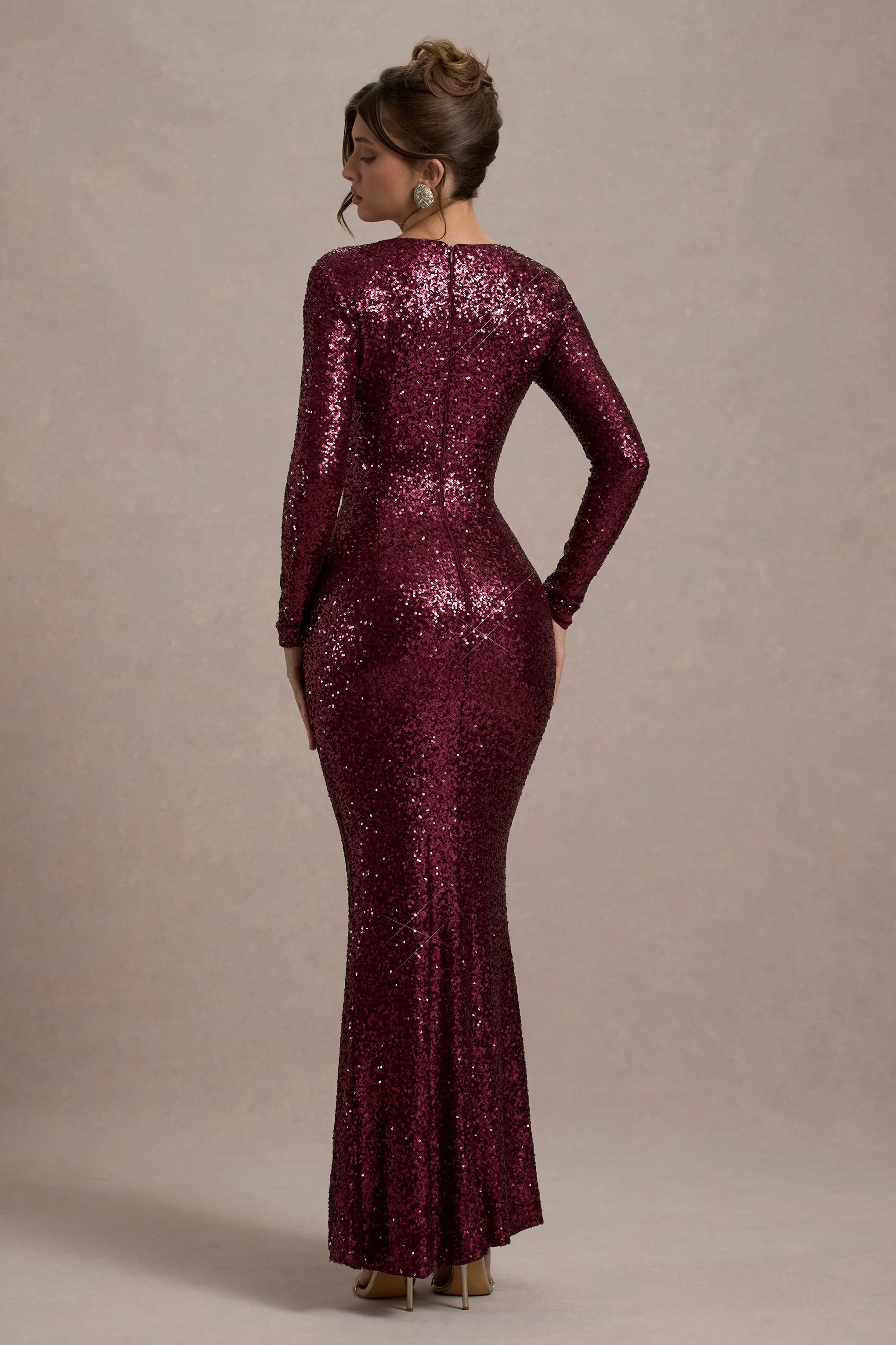 Remarkable | Burgundy Sequin Long-Sleeved Twisted Maxi Dress