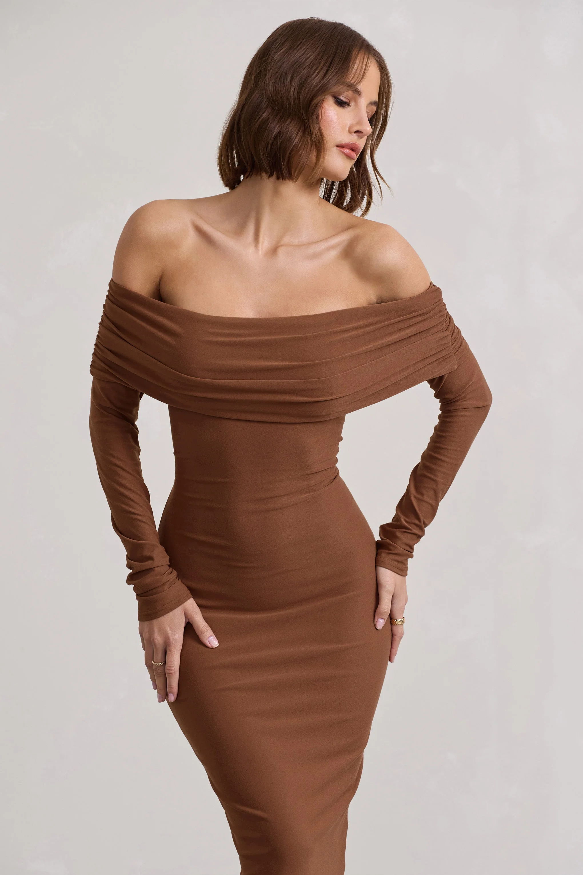 Intercept | Brown Bodycon Bardot Tie-Back Midi Dress