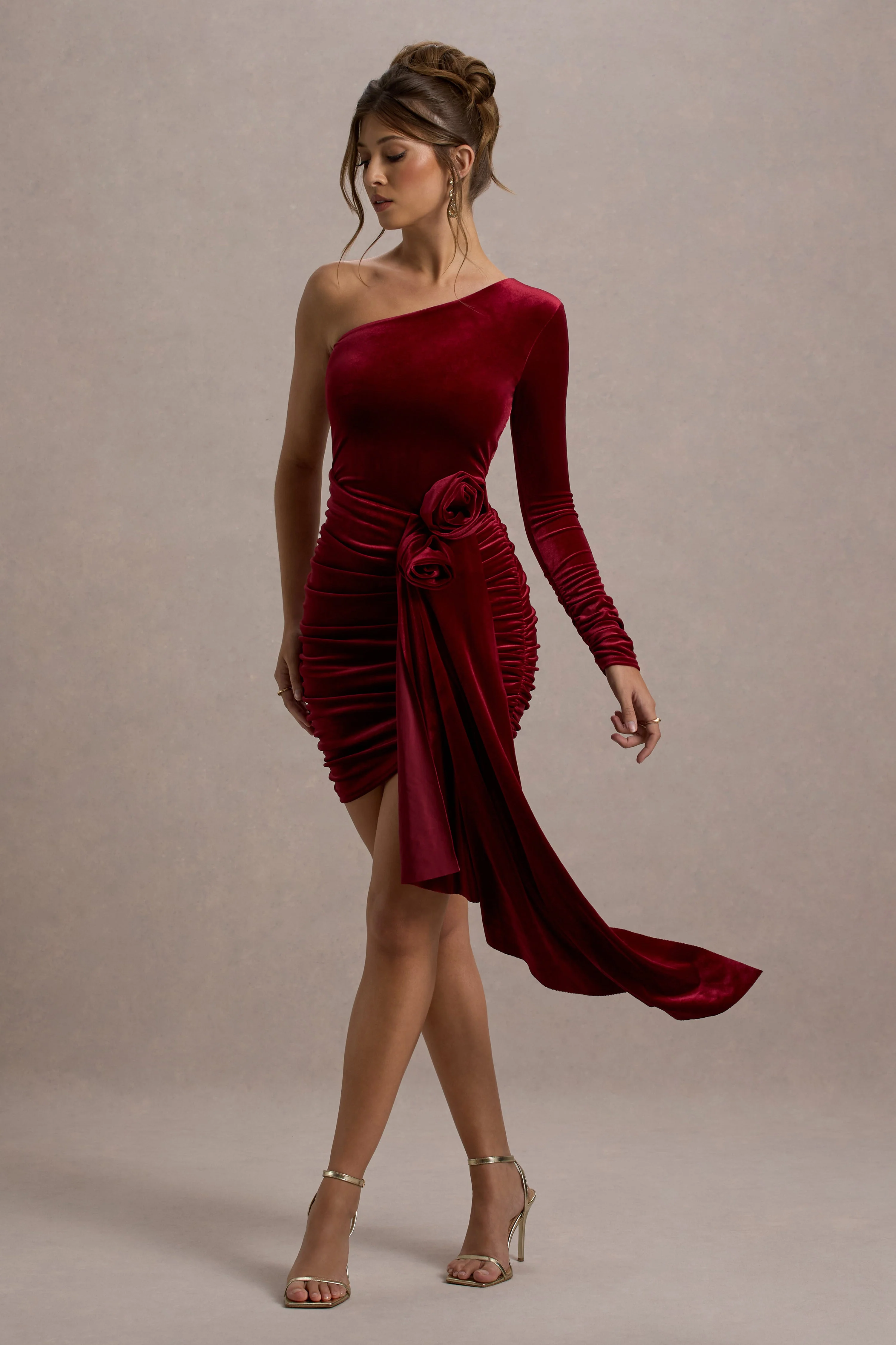 Saint Moritz | Berry Velvet One Sleeve Mini Dress With Flower Drape