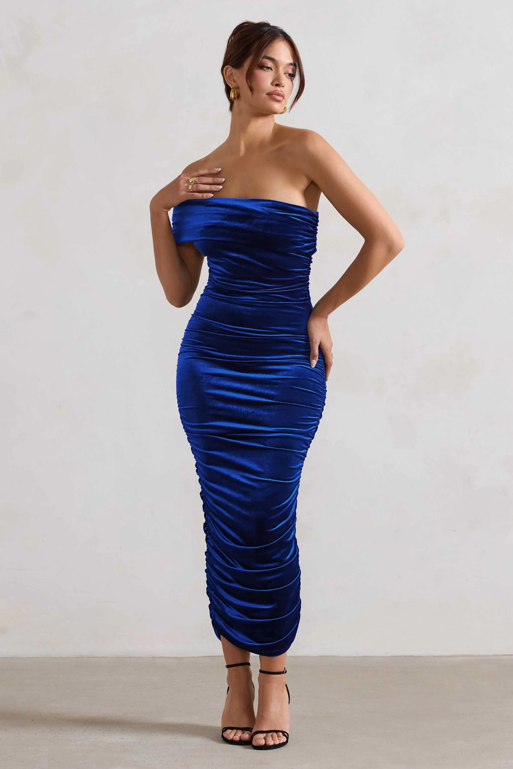 Remember Me | Cobalt Blue Velvet Ruched Asymmetric Bodycon Midi Dress