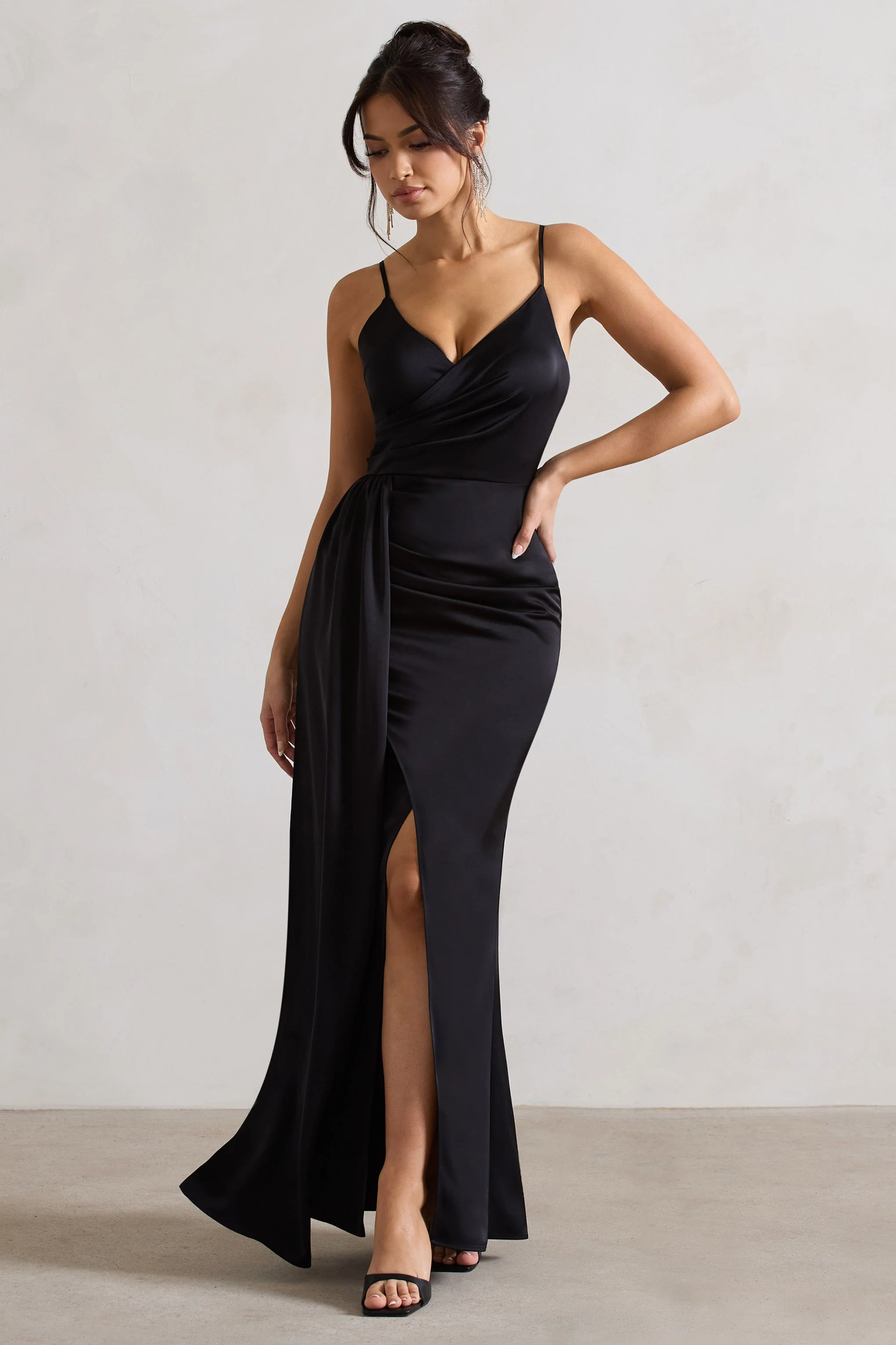 Soraya | Black Satin V-Neck Split Maxi Dress With Drape