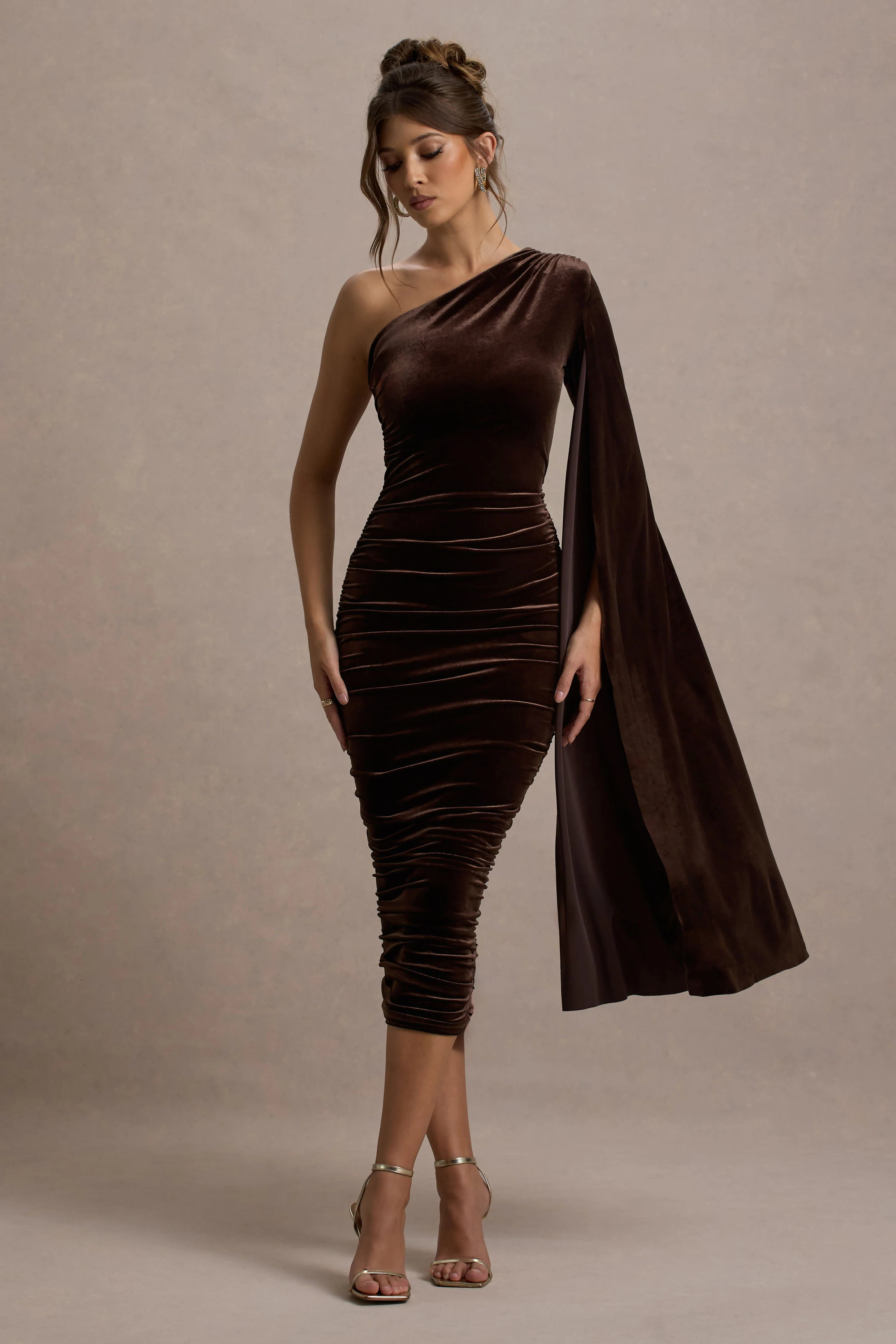 Gianna | Chocolate Velvet One Shoulder Cape Bodycon Midi Dress