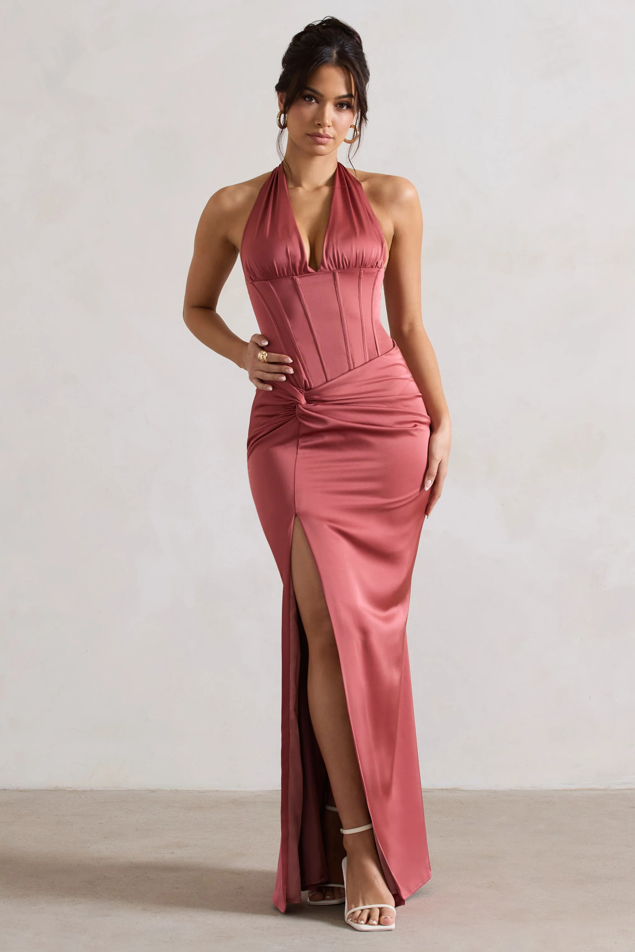 Sacha | Rose Pink Satin Corset Style Maxi Dress With Wrap Skirt
