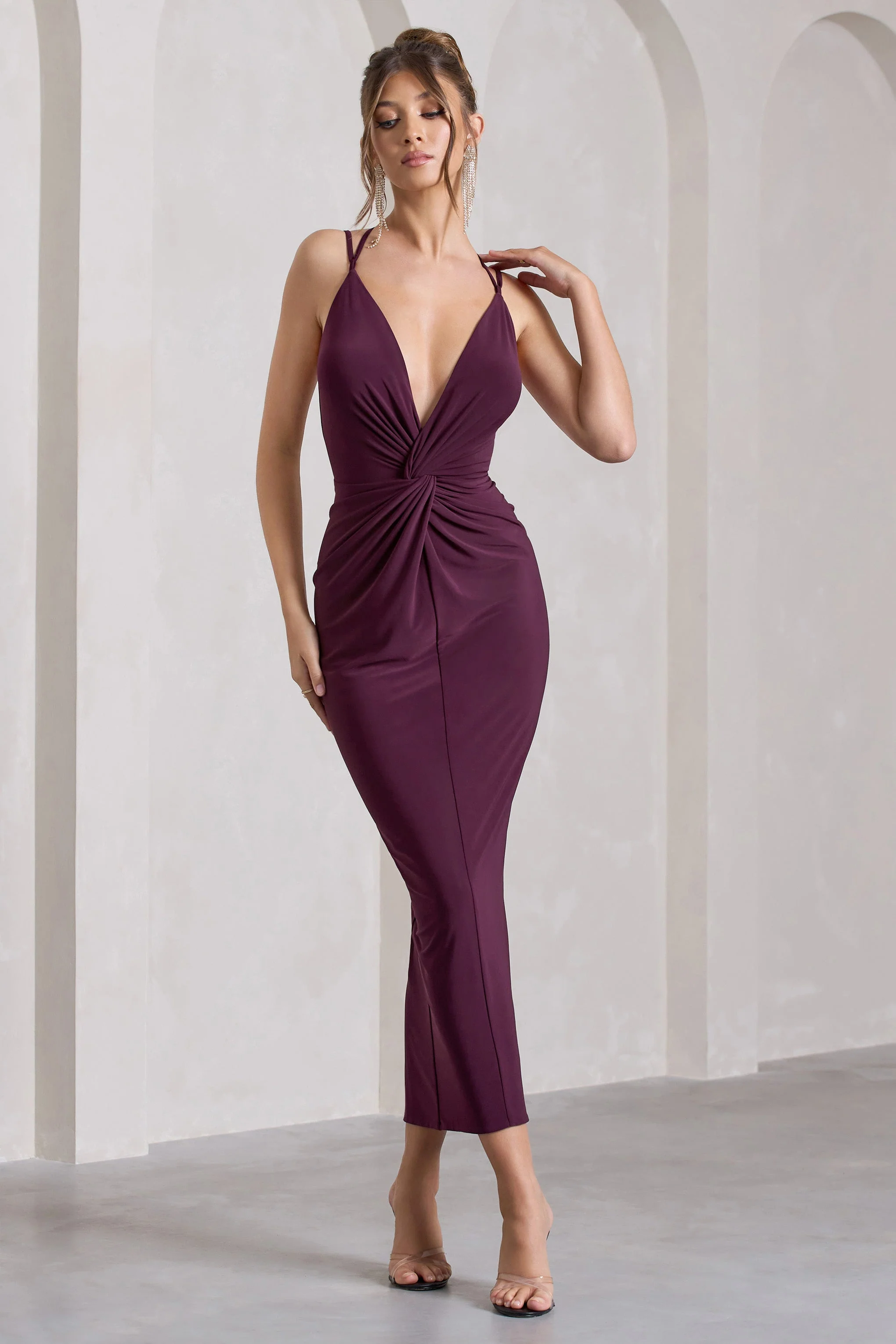 Yvette | Plum Plunge-Neck Twisted Maxi Dress With Cross-Back
