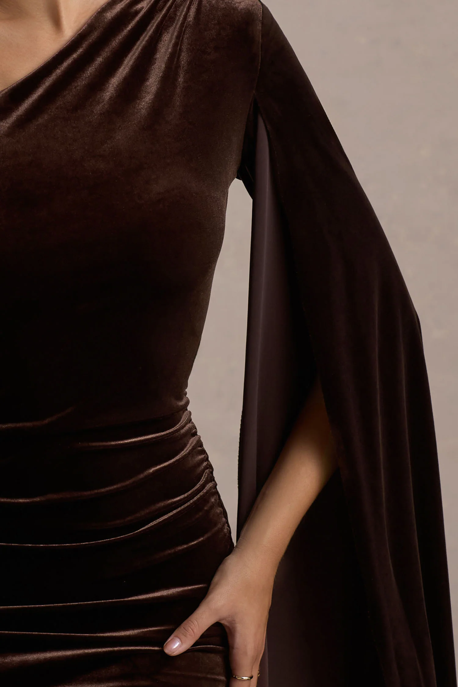 Gianna | Chocolate Velvet One Shoulder Cape Bodycon Midi Dress