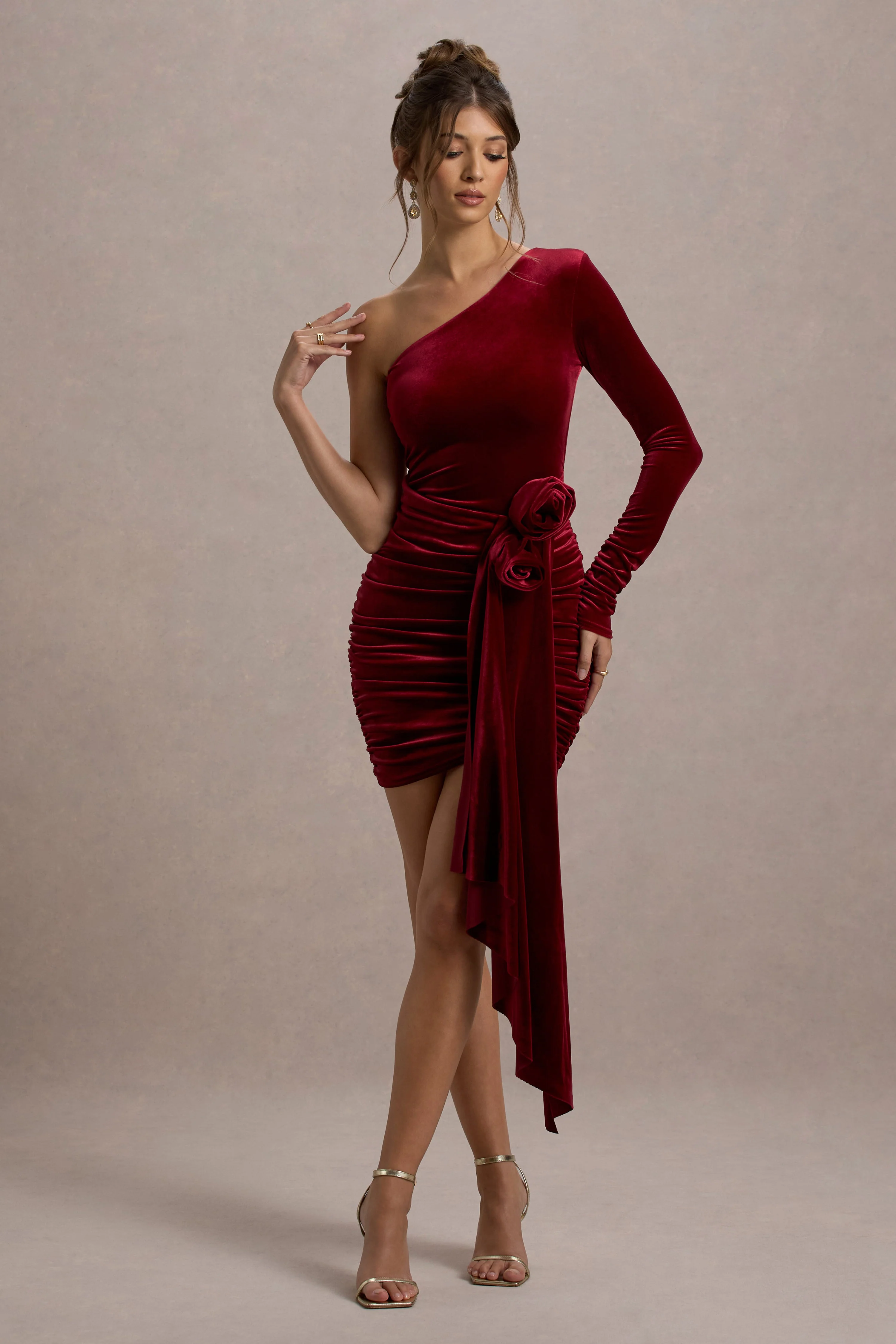 Saint Moritz | Berry Velvet One Sleeve Mini Dress With Flower Drape