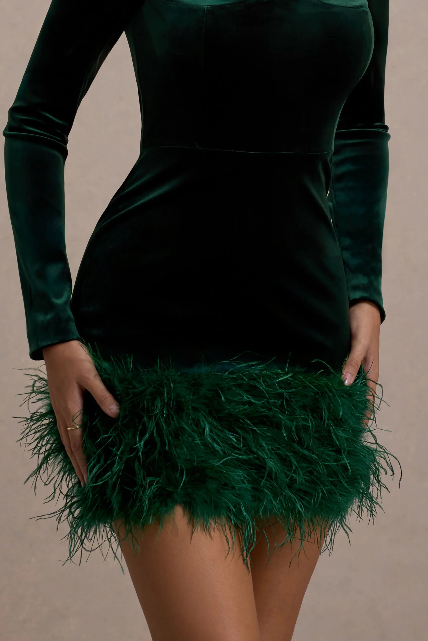 Tamsin | Bottle Green Velvet Long-Sleeved Feather Mini Dress