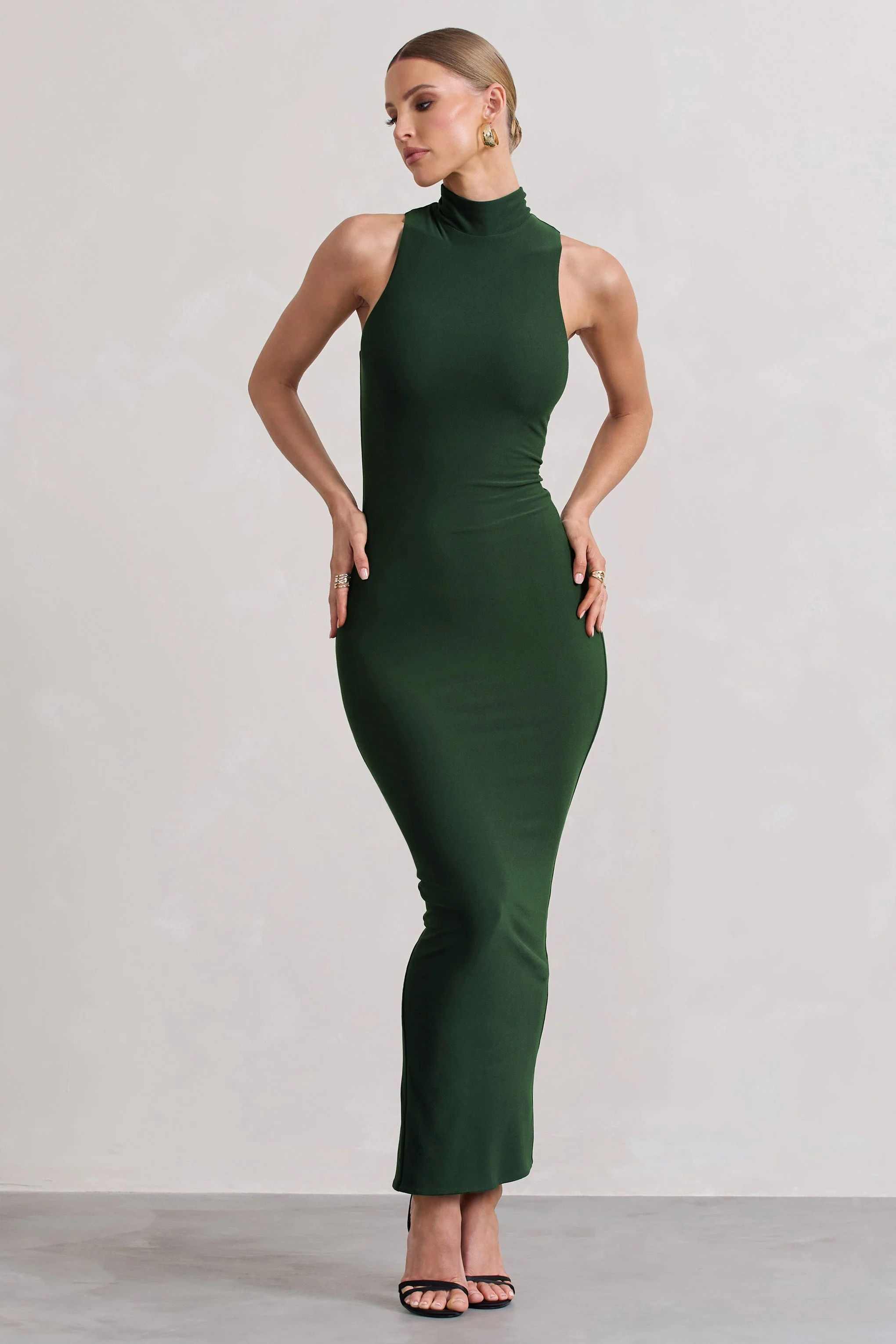 Mindy | Dark Green Bodycon High-Neck Maxi Dress