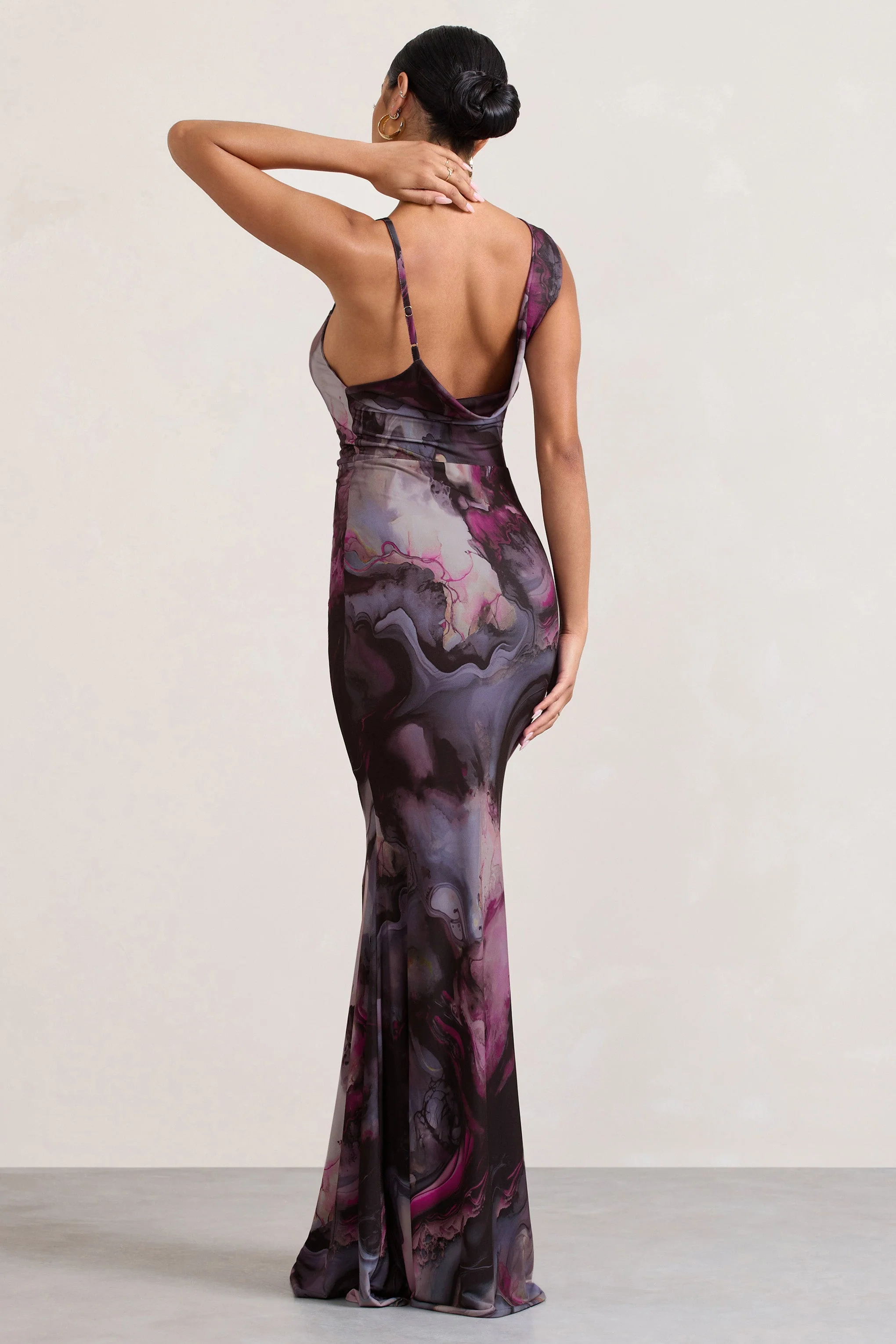 Phantasy | Marble Print Asymmetric Neckline Cowl Maxi Dress