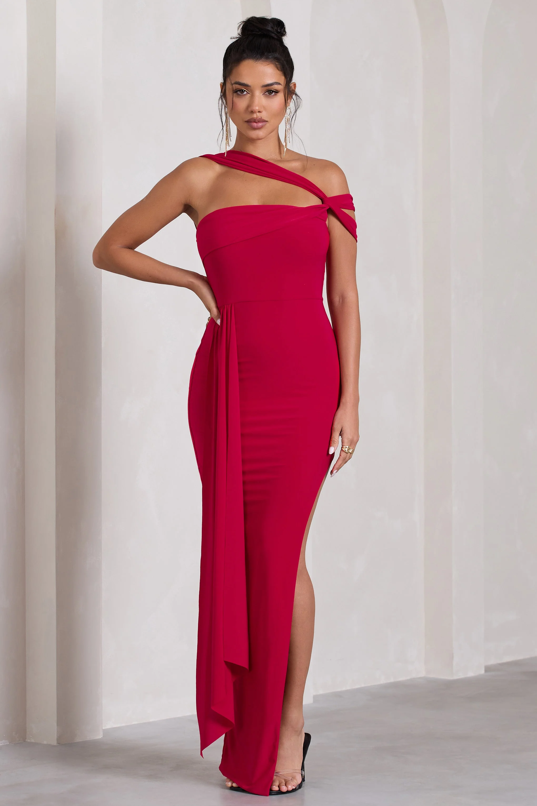 To The Max | Red Strappy Asymmetric Split Maxi Dress With Drape