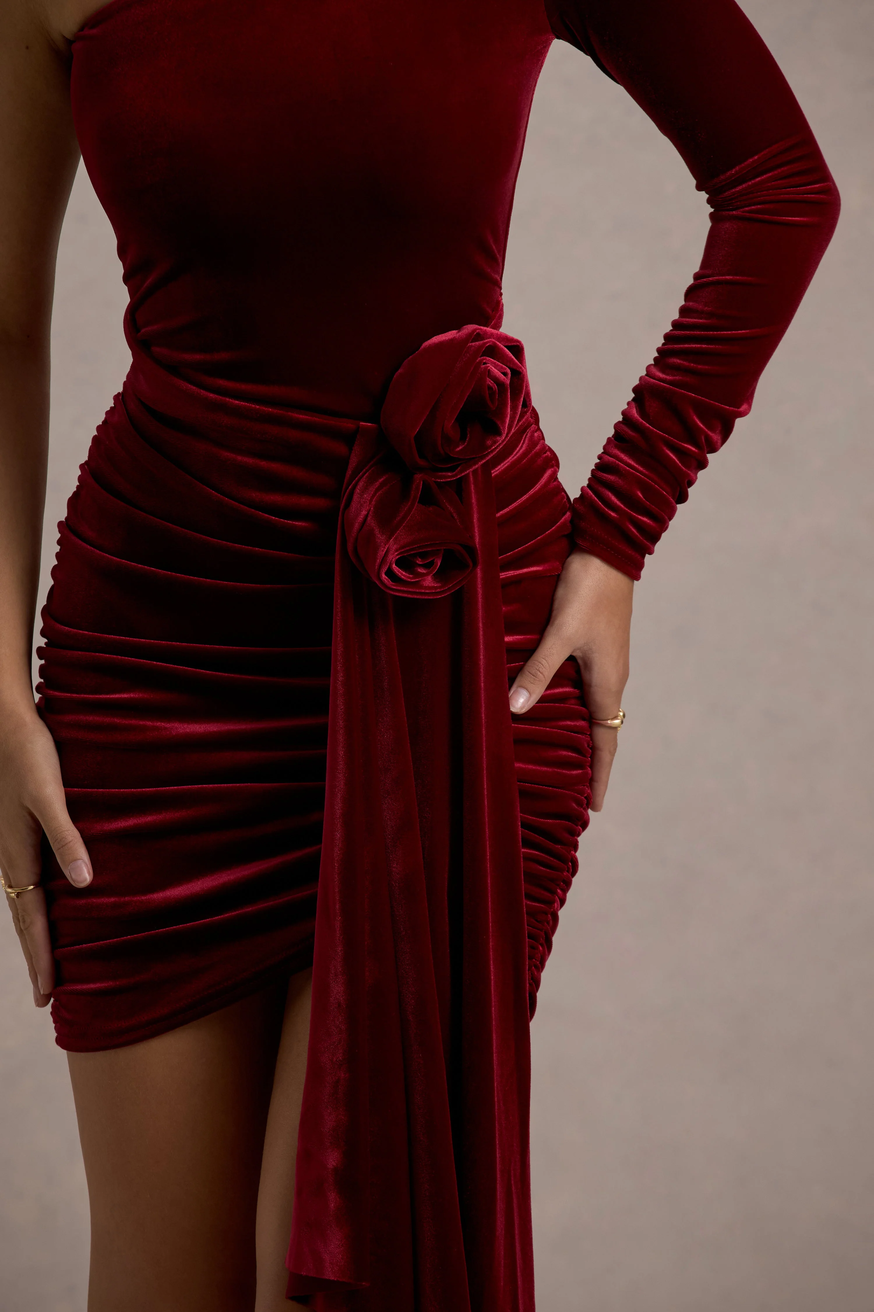 Saint Moritz | Berry Velvet One Sleeve Mini Dress With Flower Drape