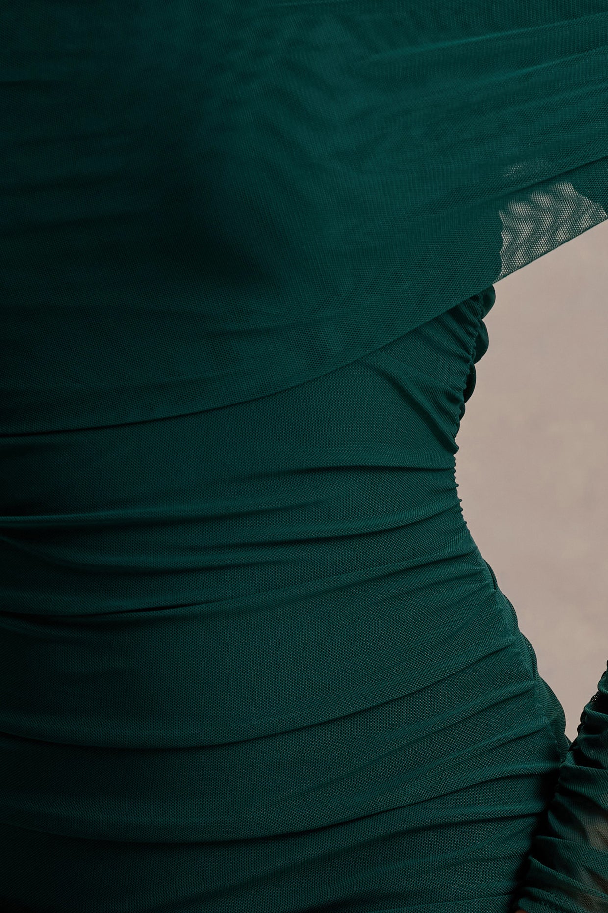 Bijou | Bottle Green Asymmetric Bardot Mesh Ruched Midi Dress